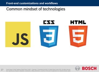 Daniel Glueck, Daniel Togelang, Robert Bosch GmbH - Corporate IT | November 5th 2015 | © Robert Bosch GmbH 2015. All rights reserved,
also regarding any disposal, exploitation, reproduction, editing, distribution, as well as in the event of applications for industrial property rights.
Front-end customizations and workflows
Common mindset of technologies
27
 