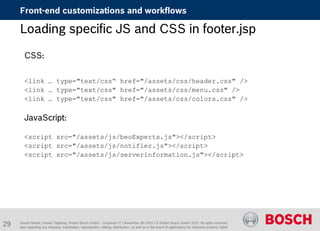Daniel Glueck, Daniel Togelang, Robert Bosch GmbH - Corporate IT | November 5th 2015 | © Robert Bosch GmbH 2015. All rights reserved,
also regarding any disposal, exploitation, reproduction, editing, distribution, as well as in the event of applications for industrial property rights.
Loading specific JS and CSS in footer.jsp
CSS:
<link … type="text/css“ href="/assets/css/header.css" />
<link … type="text/css" href="/assets/css/menu.css" />
<link … type="text/css" href="/assets/css/colors.css" />
JavaScript:
<script src="/assets/js/beoExperts.js"></script>
<script src="/assets/js/notifier.js"></script>
<script src="/assets/js/serverinformation.js"></script>
Front-end customizations and workflows
29
 