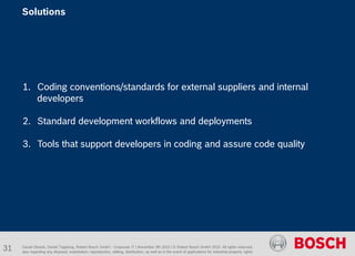 1. Coding conventions/standards for external suppliers and internal
developers
2. Standard development workflows and deployments
3. Tools that support developers in coding and assure code quality
Daniel Glueck, Daniel Togelang, Robert Bosch GmbH - Corporate IT | November 5th 2015 | © Robert Bosch GmbH 2015. All rights reserved,
also regarding any disposal, exploitation, reproduction, editing, distribution, as well as in the event of applications for industrial property rights.
Solutions
31
 