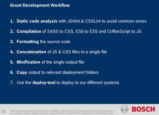 1. Static code analysis with JSHint & CSSLint to avoid common errors
2. Compilation of SASS to CSS, ES6 to ES5 and CoffeeScript to JS
3. Formatting the source code
4. Concatenation of JS & CSS files to a single file
5. Minification of the single output file
6. Copy output to relevant deployment folders
7. Use the deploy-tool to deploy to our different systems
Daniel Glueck, Daniel Togelang, Robert Bosch GmbH - Corporate IT | November 5th 2015 | © Robert Bosch GmbH 2015. All rights reserved,
also regarding any disposal, exploitation, reproduction, editing, distribution, as well as in the event of applications for industrial property rights.
Grunt Development Workflow
33
 