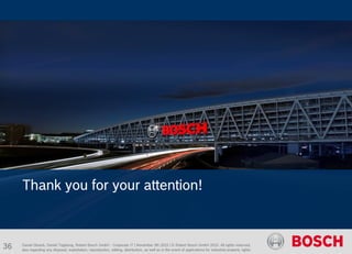 Daniel Glueck, Daniel Togelang, Robert Bosch GmbH - Corporate IT | November 5th 2015 | © Robert Bosch GmbH 2015. All rights reserved,
also regarding any disposal, exploitation, reproduction, editing, distribution, as well as in the event of applications for industrial property rights.
Thank you for your attention!
36
 