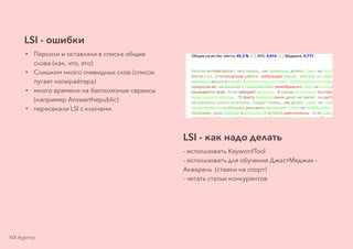 LSI - ошибки
• Парсили и оставляли в списке общие
слова (как, что, это)
• Слишком много очевидных слов (список
пугает копирайтера)
• много времени на бесполезные сервисы
(например Answerthepublic)
• пересекали LSI с ключами
LSI - как надо делать
- использовать KeywordTool
- использовать для обучения ДжастМеджик -
Акварель (ставки на спорт)
- читать статьи конкурентов
NX Agency
 