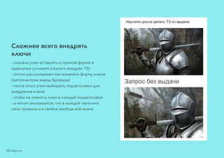 Сложнее всего внедрять
ключи
- сначала учим вставлять в прямой форме в
идеальных условиях (скачать виндовс 10)
- потом рассказываем как изменять форму ключа
(автоэлектрик выезд бровары)
- после этого учим выбирать подзаголовки для
внедрения ключа
- чтобы не спамить ключ в каждый подзаголовок
- а потом оказывается, что в каждой тематике
свои правила и в гембле вообще всё иначе
NX Agency
 