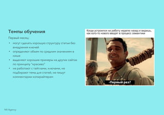 Темпы обучения
Первый месяц:
• могут сделать хорошую структуру статьи без
внедрения ключей
• определяют объем по средним значениям в
нише
• выделяют хорошие примеры на других сайтах
по принципу "красиво"
• не работают с тайтлами, ключами, не
подбирают темы для статей, не пишут
комментарии копирайтерам
NX Agency
 