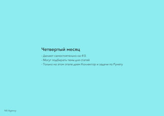 Четвертый месяц
- Делают самостоятельно на 45
- Могут подбирать темы для статей
- Только на этом этапе даем Коллектор и задачи по Рунету
NX Agency
 