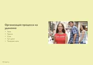 Организация процесса на
удаленке
• Twist
• Трелло
• Слэк
• Гугл доки
• Телеграм чаты
NX Agency
 