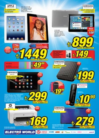APPLE
         NEW iPad 16 GB Wi-Fi + 4G
                                             16 GB • Wi-Fi • 4G • 5 MP
                                                                                                                                                                                                                                              P5110 GALAXY TAB 2 10.1 Wi-Fi
                                             iSIGHT KAMERA • BLUETOOTH
  9,7” LED RETİNA EKRAN                      4.0 TEKNOLOJİSİ • 10 SAATE
                                             KADAR PİL ÖMRÜ
                                                                                                                                                                                                                              1 GHZ ÇİFT ÇEKİRDEK İŞLEMCİ
  A5X 1 GHZ İŞLEMCİ                          STOK ADEDİ: 400 / ÜRÜN KODU: 075720
                                                                                                                                                                                                                                               16 GB DAHİLİ HAFIZA




                                                                                                                                                 32 GB’A KADAR
                                                                                                                                                                                                                                                               999
                                                                                                                                                                                                                                                            KAZANCINIZ

                                                                                                                                                                                                                                                              100
                                                                                                                                                 ARTIRILABİLİR HAFIZA •
                                                                                                                                                 3 MP KAMERA • Wi-Fi AĞ
                                                                                                                                                 BAĞLANTISI • ANDROID 4.0
                                                                                                                                                                                                                                                          ¨




                                                                                                                                                                                                      899
                                                                                                                                                 OS İŞLETİM SİSTEMİ • 581 GR
                                                                                                                                                 ÜRÜN KODU: 079479




                                1799                                                            ELECTRO WORLD CARD
                                                                                                SAHİPLERİNE ÖZEL FİYAT!
                                                                                                                                                                                                ¨
                                        1449
                                                                                                ÜSTELİK KARTINIZI MAĞAZALARIMIZDAN
                                KAZANCINIZ                                                      ANINDA ÜCRETSİZ OLARAK EDİNEBİLİRSİNİZ.


                                350
   RETİNA EKRAN.                                                                                                                                                                                                  NAKİT FİYATINA         10 x 89,90 World / Finans




                                                                                                                                                                                                      149
   HER ŞEYİ DAHA
     ÖNCE HİÇ               ¨
   GÖREMEDİĞİNİZ                                                                                                                              BELKIN iPAD STARTER KİT
    GİBİ GÖRÜN.                                                                                                                               GOLD - FIRSAT PAKETİ




                                      ¨                                                                                                                                                               ¨
                                                                                                                                              (BELKIN Bİ-FOLD
                                                                                                                                              KILIF+EKRAN KORUYUCU+
                                                                                                                                              STYLUS KALEM)
                                                                                                                                              ÜRÜN KODU: 079156                                                              NAKİT FİYATINA   5 x 29,80 World / Finans

                                                                           NAKİT FİYATINA         10 x 144,90 World / Finans


     APPLE DERİ KILIF

     STOK ADEDİ: 200
     ÜRÜN KODU: 072506-042507-072508-9                                      ¨      49    NAKİT FİYATINA
                                                                                                                         99
                                                                                                          5 x 10,00 World / Finans
                                                                                                                                                   HX-M101TCB/G 1 TB 2.5” USB 3.0
                                                                                                                                                            HARİCİ DİSK

                                                                                                                                               1 TB KAPASİTE 2.5” BOYUT
                                                                                                                                               USB 3.0 SİYAH
                                                                                                                                                                                                                    1 TB

                                                                                                                                                                                                                                      STOK ADEDİ: 1000




                                                                                                                                                                                                             199
                                                                                                                                                                                                                                      ÜRÜN KODU: 078073




                  BUSINESS TAB 9”




                                                                                                                                                                                                      ¨
                                                                                                           3G MODEM
                                                                                                            DESTEĞİ
      YENİ A10 1.4 GHZ CORTEX İŞLEMCİ
      8 GB DAHİLİ HAFIZA
                                                                                                                                                                                                                              269             KAZANCINIZ                 %26
                                                                                                          GÖRÜNTÜLÜ                                                                                                         NAKİT FİYATINA         5 x 39,80 World / Finans
                                                                                                           KONUŞMA
                                                                                                                                                                       ADDISON 2,5”
                                                                                                                                                                       HARDDISK KILIF
                                                                                                                                                                       ÜRÜN KODU: 073917-
                                                                                                                                                                       18-19
                                                                                                                                                                                                                       JF350 8 GB USB BELLEK




                                                                                                                                                 19                                99


                                                                  299
                                                                                                                                            ¨                                                                      STOK ADEDİ: 300




                                                                                                                                                                                                                     10
                                                                                                                                                                                                                   ÜRÜN KODU: 079128
                                                                                                                                                                     5 x 4,00 World / Finans




                                                                                                                                                                                                                                                                   90
1 GB DDR3 RAM • 9.0” TFT- LCD 800x480 KAPASİTİF
                                                                                                                                                    NAKİT FİYATINA




                                                       ¨
5 NOKTALI DOKUNMATİK EKRAN • GÖRÜNTÜLÜ
KONUŞMA, ÇİFT KAMERA • HARİCİ 3G MODEM
DESTEĞİ // Wi-Fi ÖZELLİĞİ • YENİ FLASH 11 DESTEĞİ •



                                                                                                                                                                                                              ¨
GPU 3D GÖRÜNTÜ İŞLEME SİSTEMİ - MALİ 400 @350
MHZ • MICRO SD KART GİRİŞİ (MAX 32 GB)
STOK ADEDİ: 450 / ÜRÜN KODU: 079221                                                 379             KAZANCINIZ           ¨ 80
                                                                                   NAKİT FİYATINA          5 x 59,80 World / Finans                                                            8 GB
                                                                                                                                                                                                          15,90            KAZANCINIZ               %31
                                                                                                                                                                                                          NAKİT FİYATINA        5 x 2,18 World / Finans
           LASERJET PRO P1102
           LASER YAZICI CE651
                                                                                             LAZER
 MONOLASER                                                                                                                                          LS22B150NS/UF LED MONİTÖR


                                                                                                                                               21,5” FULL HD
                                                                                                                                                                                                                                                          LED




18 SF/DK BASKI • 600x600 DPI
STOK ADEDİ: 300 / ÜRÜN KODU: 057897
                                                             ¨     169              229
                                                                                   NAKİT FİYATINA
                                                                                                    KAZANCINIZ
                                                                                                           5 x 33,80 World / Finans
                                                                                                                                     %26
                                                                                                                                           1920x1080 ÇÖZÜNÜRLÜK • 200
                                                                                                                                           CD/M2 PARLAKLIK • 5 MS TEPKİ
                                                                                                                                           SÜRESİ
                                                                                                                                           STOK ADEDİ: 200 / ÜRÜN KODU: 076149
                                                                                                                                                                                                      ¨   279                349
                                                                                                                                                                                                                            NAKİT FİYATINA
                                                                                                                                                                                                                                              KAZANCINIZ                 %20
                                                                                                                                                                                                                                                  5 x 55,80 World / Finans



                                                                                                    12                     TA K S İ T
                                                                                                                           F I R S AT I
 