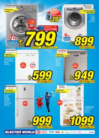 ELMAS KAZAN
                                                                           • FUZZY LOGIC
      WF0700NCS6 ÇAMAŞIR MAKİNESİ                                          (SENSÖRLERLE
                                                                           AKILLI YIKAMA)                                                                                                                             AQCF 951 B U (EU) KURUTMA MAKİNESİ
  A+ SINIFI ENERJİ                                                         • GENİŞ KAPAK                                  ELECTROLUX
                                                                           STOK ADEDİ: 100                                NEOCAL                                                                                      YOĞUŞMALI KURUTMA
  1000 DEVİR                                                               ÜRÜN KODU: 078625
                                                                                                                          KİREÇ ÖNLEYİCİ                                                                                        KIRIŞIK ÖNLEME
                                                                                                                          APARAT




                                                                                                                     39
                                                                                                                          ÜRÜN KODU: 014696                                                                                                16 PROGRAMLI

                                                                                                                                                              99                                                                               • BACASIZ
                                                                                                                                                                                                                                             • GECİKMELİ


                                                 1160                                                        ¨     NAKİT FİYATINA   5 x 8,00 World / Finans
                                                                                                                                                                                                                                               BAŞLATMA
                                                                                                                                                                                                                                            STOK ADEDİ: 100
                                                                                                                                                                                                                                         ÜRÜN KODU: 068849
                                                 KAZANCINIZ

                                                 ¨   361




                                        799
                                                                                               ELECTRO WORLD CARD
                                                                                               SAHİPLERİNE ÖZEL FİYAT!
                                                                                               ÜSTELİK KARTINIZI MAĞAZALARIMIZDAN
                                                                                               ANINDA ÜCRETSİZ OLARAK EDİNEBİLİRSİNİZ.




                                                                                                                                                                                 9
              7
                                    ¨                    NAKİT FİYATINA            10 x 79,90 World / Finans
                                                                                                                                                                                             ¨   899     1149         KAZANCINIZ
                                                                                                                                                                                                         NAKİT FİYATINA
                                                                                                                                                                                                                                      ¨ 250
                                                                                                                                                                                                                          10 x 89,90 World / Finans


        GDF5201 BULAŞIK MAKİNESİ                                                                                                                              55000MO BULAŞIK MAKİNESİ


  A SINIFI ENERJİ                                                                                                                                 A SINIFI ENERJİ
  YARIM YÜK SEÇENEĞİ                                                                                                                              DİJİTAL GÖSTERGE
YÜKSEKLİĞİ AYARLANABİLİR                                                                                                                     DİJİTAL GÖSTERGE
ÜST RAF • SU TAŞMA                                                                                                                           • HIZLI YIKAMA
EMNİYETİ • PROGRAM TAKİP                                                                                                                     PROGRAMI
GÖSTERGESİ                                                                                                                                   • ÇOK SESSİZ
STOK ADEDİ: 100                                                                                                                              SADECE 49 DB
ÜRÜN KODU: 075485
                                       5             servis garantisi
                                                                                                                                             STOK ADEDİ: 150
                                                                                                                                             ÜRÜN KODU: 070432                                   5
                                    PROGRAMLI           altındadır                                                                                                                           PROGRAMLI




                                                 ¨       599             899         KAZANCINIZ
                                                                        NAKİT FİYATINA     10 x 59,90
                                                                                                           ¨ 300
                                                                                                         World / Finans
                                                                                                                                                                                         ¨    949        1325         KAZANCINIZ
                                                                                                                                                                                                         NAKİT FİYATINA
                                                                                                                                                                                                                                      ¨ 376
                                                                                                                                                                                                                          10 x 94,90 World / Finans



          RT-54QMSW BUZDOLABI                                                                                                                                 NMTM1921F T/HA BUZDOLABI


  A+ SINIFI ENERJİ                                                                                                                               A+ SINIFI ENERJİ
  MULTI FLOW ÖZELLİĞİ                                                                                                                            MULTİ FLOW ÖZELLİĞİ

10 YIL GARANTİLİ
INVERTER
KOMPRASÖR
• SILVER NANO
ANTİBAKTERİYEL
İÇ KAPLAMA •
ÖLÇÜLER (YxGxD):
173,5x77,2x73,5 CM                      407 LT
                                                                                                                                                         439 LT
STOK ADEDİ: 200
ÜRÜN KODU: 078134
                                                                                                                                                                                                                          HİJYEN KONTROL SİSTEMİ
                                                                                                                                                                                                                          • NEM KONTROL SİSTEMİ
                                                                                                                                                                                                                          • ÖLÇÜLER (YxGxD):
                                                                                                                                                                                                                          191x70x72CM
                                                                                                                                                                                                                          STOK ADEDİ: 100
                                                                                                                                                                                                                          ÜRÜN KODU: 077924




                                                 ¨      999             1679         KAZANCINIZ
                                                                        NAKİT FİYATINA     10 x 99,90
                                                                                                           ¨ 680
                                                                                                         World / Finans
                                                                                                                                                                                         1099
                                                                                                                                                                                         ¨               1349         KAZANCINIZ
                                                                                                                                                                                                         NAKİT FİYATINA
                                                                                                                                                                                                                                       ¨ 250
                                                                                                                                                                                                                          10 x 109,90 World / Finans



                                                                        12               TA K S İ T
                                                                                         F I R S AT I
 
