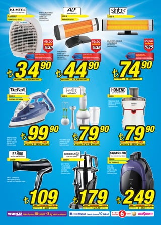 LUXELL LX 6331 FANLI ISITICI                                KANTHAL REZİSTANSLI                                          BD10EN PRATİK ISITICI                                                                                SFH 3314 İNFRARED ISITICI
                                                                    • YÜKSEK ISI YAYMA
  2 KADEMELİ                                                        VERİMLİLİĞİ                                      1000 W                                                                                                    2500 W
                                                                    STOK ADEDİ: 1000
  TERMOSTATLI ISITICI                                               ÜRÜN KODU: 015468                                INFRARED ISITICI




                                                                               49,90                                                                                                  69,90                                  KOLAY MONTE EDİLEBİLİR
                                                                                                                                                                                                                             • UZUN ÖMÜRLÜ
                                                                                                                                                                                                                                                                                                          99,90
                                                                                KAZANCINIZ                                                                                             KAZANCINIZ                                                                                                          KAZANCINIZ
                                                                                                                                                                                                                             STOK ADEDİ: 150

                                                                                %30                                                                                                    %36
                                                                                                                                                                                                                             ÜRÜN KODU: 071000
                                                                                                                                                                                                                                                                                                          %25
                                                                                                             AYARLANABİLİR
                                                                                                             ISITMA AÇISI •                                                                                                                                                           ELECTRO WORLD CARD
                                                           ELECTRO WORLD CARD                                                                                     ELECTRO WORLD CARD
                                                                                                             DEVRİLME EMNİYETİ                                                                                                                                                        SAHİPLERİNE ÖZEL FİYAT!




                                                                                                                                                                                                                                                 74
                                                           SAHİPLERİNE ÖZEL FİYAT!                                                                                SAHİPLERİNE ÖZEL FİYAT!




             34                                                                                                        44
                                                                                                             STOK ADEDİ: 175                                                                                                                                                          ÜSTELİK KARTINIZI MAĞAZALARIMIZDAN
                                                           ÜSTELİK KARTINIZI MAĞAZALARIMIZDAN                                                                     ÜSTELİK KARTINIZI MAĞAZALARIMIZDAN
                                                                                                                                                                                                                                                                                      ANINDA ÜCRETSİZ OLARAK EDİNEBİLİRSİNİZ.




                                                                                                                                                                                                                                                                                                 90
                                                           ANINDA ÜCRETSİZ OLARAK EDİNEBİLİRSİNİZ.           ÜRÜN KODU: 078706                                    ANINDA ÜCRETSİZ OLARAK EDİNEBİLİRSİNİZ.




                                                                     90                                                                                                     90
¨           NAKİT FİYATINA             5 x 6,98 World / Finans
                                                                                                         ¨          NAKİT FİYATINA         5 x 8,98 World / Finans
                                                                                                                                                                                                                                      ¨   NAKİT FİYATINA          5 x 14,98 World / Finans




        SUPERGLISS 3820 BUHARLI ÜTÜ
                                                                                                                                                                                                                                    HOMEND
                                                                                                                                                                                                                                      2704 KATI MEYVE SIKACAĞI
                                                                                                                                 SPOSA BLENDER SET

   2200 W                                                                                                            400 W                                                                                                     350 W
   SUPERGLISS TABAN
                                                                                                                                                                                                                               PASLANMAZ ÇELİK
                                                                                                                                                                                                                               FİLTRE • 2 HIZ AYARI
                                                                                                                                                                                                                               STOK ADEDİ: 500
                                                                                                                                                                                                                               ÜRÜN KODU: 072319




SPREY ÜTÜLEME
ÖZELLİĞİ • ŞOK
BUHAR ÖZELLİĞİ
STOK ADEDİ: 150
ÜRÜN KODU: 051618
                            ¨           129
                                           99       KAZANCINIZ
                                       NAKİT FİYATINA   5 x 19,98
                                                                          %23
                                                                          World / Finans
                                                                                           90
                                                                                                                 PASLANMAZ ÇELİK
                                                                                                                 ÇIRPMA TELLERİ
                                                                                                                 STOK ADEDİ: 300
                                                                                                                 ÜRÜN KODU: 006180
                                                                                                                                            ¨   99,90
                                                                                                                                                         79   KAZANCINIZ
                                                                                                                                                 NAKİT FİYATINA   5 x 15,98
                                                                                                                                                                                       %20
                                                                                                                                                                                       World / Finans
                                                                                                                                                                                                        90
                                                                                                                                                                                                                                                   ¨  99,90
                                                                                                                                                                                                                                                            79
                                                                                                                                                                                                                                                        NAKİT FİYATINA
                                                                                                                                                                                                                                                                      KAZANCINIZ
                                                                                                                                                                                                                                                                         5 x 15,98
                                                                                                                                                                                                                                                                                          %20
                                                                                                                                                                                                                                                                                          World / Finans
                                                                                                                                                                                                                                                                                                           90

       HD710 SAÇ KURUTMA MAKİNESİ                                                                                                                                                                                                 VCC4470S3V ELEKTRİKLİ SÜPÜRGE
                                                                                                                             TULİPA SİYAH SEMAVER

     2200 W                                                                                                            2200 W                                                                                                  2000 W
                                                                                                                                                                                                                               TOZ TORBASIZ
                                                                                                                    2.5 LT KETTLE
                                                                                                                    • 1,2 LT DEMLİK                                                                                          1,3 LT TOZ
                                                                                                                    • SU BİTTİĞİNDE                                                                                          KAPASİTESİ
                                                                                                                    KAPANMA                                                                                                  • HEPA 11 FİLTRE
                                                                                                                    STOK ADEDİ: 150                                                                                          STOK ADEDİ: 200
                                                                                                                    ÜRÜN KODU: 071624                                                                                        ÜRÜN KODU: 079244


IONTEC TEKNOLOJİSİ
• NEM ORANI DENGESİ
STOK ADEDİ: 250 / ÜRÜN KODU: 070838




                                  ¨        109           139         KAZANCINIZ
                                                        NAKİT FİYATINA     5 x 21,80
                                                                                               %22
                                                                                            World / Finans
                                                                                                                                             ¨       179 ¨249        219
                                                                                                                                                                   NAKİT FİYATINA
                                                                                                                                                                                  KAZANCINIZ
                                                                                                                                                                                        5 x 35,80
                                                                                                                                                                                                               %18
                                                                                                                                                                                                            World / Finans
                                                                                                                                                                                                                                                                          299         KAZANCINIZ
                                                                                                                                                                                                                                                                         NAKİT FİYATINA    5 x 49,80
                                                                                                                                                                                                                                                                                                                   %17
                                                                                                                                                                                                                                                                                                                World / Finans




                                Nakit fiyatına            10 taksit +3 ay taksit erteleme!                                                                                  Nakit fiyatına           10 taksit                       NAKİT
                                                                                                                                                                                                                                     FİYATINA         6             TAKSİT
 