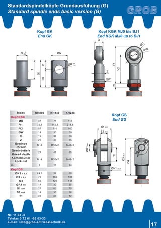 Nr. 11.03 -8
Telefax 0 72 61 -92 63-33
e-mail: info@grob-antriebstechnik.de
17
S2 B13
S1 h11
ØR1H9
ØN1 ±0,3
T1
O4
O3±0,5
S
T
ØN
ØR H8
O2P
O1
0
-0,2
X
Z
SW
Ø
U
ØW
V2
V1m
Standardspindelköpfe Grundausfühung (G)
Standard spindle ends basic version (G)
Index KH090 KH140 KH230
Kopf KGK
ØU 37 71 117
V1 75,5 145,5 218,5
V2 57 110 160
ØW 14 30 50
X 19 37 60
Z 20 40 65
Gewinde
thread
M14 M30x2 M48x2
Gewindetiefe
thread depth
21 45 65
Kontermutter
Lock nut
M14 M30x2 M48x2
m 7 15 24
Kopf GS
ØN1 `0,3 24,5 52 60
O3 `0,5 72 160 187
O4 56 120 144
ØR1 H9 14 30 35
S1 h11 27 60 70
S2 B13 14 30 36
T1 28 60 72
Kopf KGK MJ0 bis BJ1
End KGK MJ0 up to BJ1
Kopf GK
End GK
Kopf GS
End GS
 