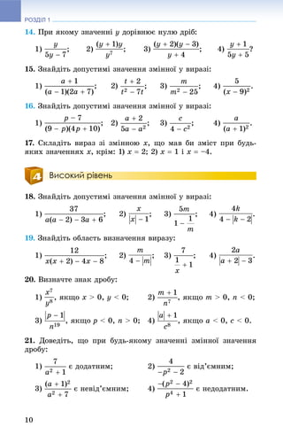 РОЗДІЛ 1
10
14. Ïðè ÿêîìó çíà÷åííі y äîðіâíþє íóëþ äðіá:
1) ; 2) ; 3) ?
15. Çíàéäіòü äîïóñòèìі çíà÷åííÿ çìіííîї ó âèðàçі:
1) ; 3) ; 4) .
16. Çíàéäіòü äîïóñòèìі çíà÷åííÿ çìіííîї ó âèðàçі:
1) ; 2) ; 3) ; 4) .
17. Ñêëàäіòü âèðàç çі çìіííîþ x, ùî ìàâ áè çìіñò ïðè áóäü-
ÿêèõ çíà÷åííÿõ x, êðіì: 1) x  2; 2) x  1 і x  –4.
Високий рівень
18. Çíàéäіòü äîïóñòèìі çíà÷åííÿ çìіííîї ó âèðàçі:
1) ; 3) ; 4) .
19. Çíàéäіòü îáëàñòü âèçíà÷åííÿ âèðàçó:
1) ; 3) ; 4) .
20. Âèçíà÷òå çíàê äðîáó:
1) , ÿêùî x > 0, y < 0; 2) , ÿêùî m > 0, n < 0;
3) , ÿêùî p < 0, n > 0; 4) , ÿêùî a < 0, c < 0.
21. Äîâåäіòü, ùî ïðè áóäü-ÿêîìó çíà÷åííі çìіííîї çíà÷åííÿ
äðîáó:
1) є äîäàòíèì; 2) є âіä’єìíèì;
3) є íåâіä’єìíèì; 4) є íåäîäàòíèì.
 