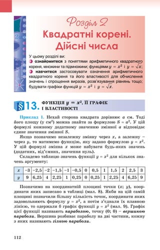 112
Ðîçäіë 2
Квадратні корені.
Дійсні числа
Ïðèêëàä 1. Íåõàé ñòîðîíà êâàäðàòà äîðіâíþє a ñì. Òîäі
éîãî ïëîùó (ó ñì2) ìîæíà çíàéòè çà ôîðìóëîþ S  a2. Ó öіé
ôîðìóëі êîæíîìó äîäàòíîìó çíà÷åííþ çìіííîї a âіäïîâіäàє
єäèíå çíà÷åííÿ çìіííîї S.
ßêùî ïîçíà÷èìî íåçàëåæíó çìіííó ÷åðåç x, à çàëåæíó –
÷åðåç y, òî ìàòèìåìî ôóíêöіþ, ÿêó çàäàíî ôîðìóëîþ y  x2.
Ó öіé ôîðìóëі çìіííà x ìîæå íàáóâàòè áóäü-ÿêèõ çíà÷åíü
(äîäàòíèõ, âіä’єìíèõ, çíà÷åííÿ íóëü).
Ñêëàäåìî òàáëèöþ çíà÷åíü ôóíêöії y  x2 äëÿ êіëüêîõ çíà-
÷åíü àðãóìåíòó:
x –3 –2,5 –2 –1,5 –1 –0,5 0 0,5 1 1,5 2 2,5 3
y 9 6,25 4 2,25 1 0,25 0 0,25 1 2,25 4 6,25 9
Ïîçíà÷èìî íà êîîðäèíàòíіé ïëîùèíі òî÷êè (õ; ó), êîîð-
äèíàòè ÿêèõ çàïèñàíî â òàáëèöі (ìàë. 8). ßêáè íà öіé ñàìіé
ïëîùèíі ïîçíà÷èëè áіëüøó êіëüêіñòü òî÷îê, êîîðäèíàòè ÿêèõ
çàäîâîëüíÿþòü ôîðìóëó y  x2, à ïîòіì ç’єäíàëè їõ ïëàâíîþ
ëіíієþ, òî îäåðæàëè á ãðàôіê ôóíêöії y  x2 (ìàë. 9). Ãðàôіê
öієї ôóíêöії íàçèâàþòü ïàðàáîëîþ, òî÷êó (0; 0) – âåðøèíîþ
ïàðàáîëè. Âåðøèíà ðîçáèâàє ïàðàáîëó íà äâі ÷àñòèíè, êîæíó
ç ÿêèõ íàçèâàþòü ãіëêîþ ïàðàáîëè.
Квадрратні кореені.
Дійссні числаа
У цьому розділі ви:
ознайомитеся з поняттями арифметичного квадратного
кореня, множини та підмножини; функціями і ;
навчитеся застосовувати означення арифметичного
квадратного кореня та його властивості для обчислення
значень і спрощення виразів, розв’язування рівнянь тощо;
будувати графіки функцій і .
ÔÓÍÊÖІß y = x2, ЇЇ ÃÐÀÔІÊ
І ÂËÀÑÒÈÂÎÑÒІ13.
 