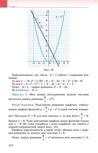 РОЗДІЛ 2
114
Ìàë. 10
Ïåðåñâіä÷èìîñÿ, ùî ÷èñëà –3 і 1 äіéñíî є êîðåíÿìè ðіâ-
íÿííÿ:
1) äëÿ x  –3: x2  (–3)2  9 і 3 – 2x  3 – 2 · (–3)  9;
2) äëÿ x  1: x2  12  1 і 3 – 2x  3 – 2 · 1  1.
Îòæå, –3 і 1 – êîðåíі ðіâíÿííÿ x2  3 – 2x.
Â і ä ï î â і ä ü. –3; 1.
Ïðèêëàä 3. Ìіæ ÿêèìè ïîñëіäîâíèìè öіëèìè ÷èñëàìè
ìіñòèòüñÿ êîðіíü ðіâíÿííÿ ?
Ð î ç â ’ ÿ ç à í í ÿ. Ðîçâ’ÿæåìî ðіâíÿííÿ ãðàôі÷íî, ïîáóäó-
âàâøè ãðàôіêè ôóíêöіé і y  x2 â îäíіé ñèñòåìі êîîðäè-
íàò. Îñêіëüêè x2 I 0 äëÿ âñіõ çíà÷åíü x, òî ìàє áóòè і .
Çâіäêè x > 0. Òîìó ðîçãëÿíåìî ãðàôіêè äàíèõ ôóíêöіé òіëüêè
äëÿ x > 0. Öå ãіëêà ãіïåðáîëè і ãіëêà ïàðàáîëè, ùî ëåæàòü ó
ïåðøіé êîîðäèíàòíіé ÷âåðòі (ìàë. 11).
Ãðàôіêè ïåðåòèíàþòüñÿ â îäíіé òî÷öі, àáñöèñà ÿêîї є êîðå-
íåì ðіâíÿííÿ òà ëåæèòü ìіæ ÷èñëàìè 1 і 2.
Îòæå, êîðіíü ðіâíÿííÿ ìіñòèòüñÿ ìіæ ÷èñëàìè 1 і 2.
 