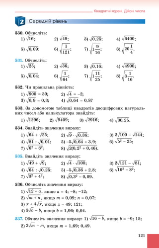 Квадратні корені. Дійсні числа
121
Середній рівень
530. Îá÷èñëіòü:
1) ; 2) ; 3) ; 4) ;
5) ; 6) ; 7) ; 8) .
531. Îá÷èñëіòü:
1) ; 2) ; 3) ; 4) ;
5) ; 6) ; 7) ; 8) .
532. ×è ïðàâèëüíà ðіâíіñòü:
1) ; 2) ;
3) ; 4) ?
533. Çà äîïîìîãîþ òàáëèöі êâàäðàòіâ äâîöèôðîâèõ íàòóðàëü-
íèõ ÷èñåë àáî êàëüêóëÿòîðà çíàéäіòü:
1) ; 2) ; 3) ; 4) .
534. Çíàéäіòü çíà÷åííÿ âèðàçó:
1) ; 2) ; 3) ;
4) ; 5) ; 6) ;
7) ; 8) .
535. Çíàéäіòü çíà÷åííÿ âèðàçó:
1) ; 2) ; 3) ;
4) ; 5) ; 6) ;
7) ; 8) .
536. Îá÷èñëіòü çíà÷åííÿ âèðàçó:
1) , ÿêùî a  4; –8; –12;
2) , ÿêùî m  0,09; n  0,07;
3) , ÿêùî x  49; 121;
4) , ÿêùî b  1,96; 0,04.
537. Îá÷èñëіòü çíà÷åííÿ âèðàçó: 1) , ÿêùî b  –9; 15;
2) , ÿêùî m  1,69; 0,49.
 