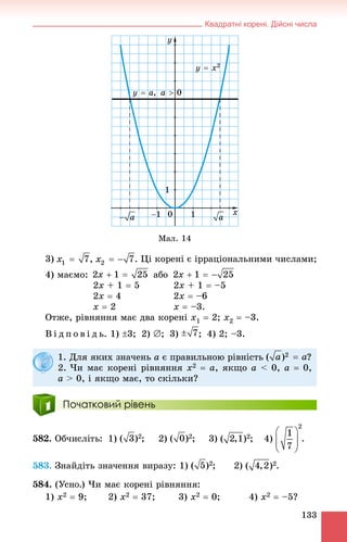 Квадратні корені. Дійсні числа
133
Ìàë. 14
3) , . Öі êîðåíі є іððàöіîíàëüíèìè ÷èñëàìè;
4) ìàєìî: àáî
2x + 1  5 2x + 1  –5
2x  4 2x  –6
x  2 x  –3.
Îòæå, ðіâíÿííÿ ìàє äâà êîðåíі x1  2; x2  –3.
Â і ä ï î â і ä ü. 1) 3; 2) ; 3) ; 4) 2; –3.
Початковий рівень
582. Îá÷èñëіòü: 1) ; 2) ; 3) ; 4) .
583. Çíàéäіòü çíà÷åííÿ âèðàçó: 1) ; 2) .
584. (Óñíî.) ×è ìàє êîðåíі ðіâíÿííÿ:
1) x2  9; 2) x2  37; 3) x2  0; 4) x2  –5?
1. Äëÿ ÿêèõ çíà÷åíü a є ïðàâèëüíîþ ðіâíіñòü ?
2. ×è ìàє êîðåíі ðіâíÿííÿ x2  a, ÿêùî a < 0, a  0,
a > 0, і ÿêùî ìàє, òî ñêіëüêè?
 