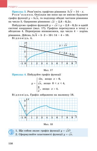 РОЗДІЛ 2
158
Ïðèêëàä 3. Ðîçâ’ÿæіòü ãðàôі÷íî ðіâíÿííÿ .
Ð î ç â ’ ÿ ç à í í ÿ. Îñêіëüêè ìè ïîêè ùî íå âìієìî áóäóâàòè
ãðàôіê ôóíêöії , òî ïîäіëèìî îáèäâі ÷àñòèíè ðіâíÿííÿ
íà ÷èñëî 5. Îäåðæèìî ðіâíÿííÿ: .
Ïîáóäóєìî ãðàôіêè ôóíêöіé і â îäíіé
ñèñòåìі êîîðäèíàò (ìàë. 17). Ãðàôіêè ïåðåòíóëèñÿ â òî÷öі ç
àáñöèñîþ 4. Ïåðåâіðêîþ âïåâíþєìîñÿ, ùî ÷èñëî 4 – êîðіíü
ðіâíÿííÿ. Äіéñíî, і 14 – 4  10.
Â і ä ï î â і ä ü. 4.
Ìàë. 17
Ïðèêëàä 4. Ïîáóäóéòå ãðàôіê ôóíêöії
Â і ä ï î â і ä ü. Ãðàôіê çîáðàæåíî íà ìàëþíêó 18.
Ìàë. 18
1. Ùî ñîáîþ ÿâëÿє ãðàôіê ôóíêöії ?
2. Ñôîðìóëþéòå âëàñòèâîñòі ôóíêöії .
 