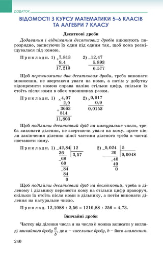 ДОДАТОК
240
ВІДОМОСТІ З КУРСУ МАТЕМАТИКИ 5–6 КЛАСІВ
ТА АЛГЕБРИ 7 КЛАСУ
Äåñÿòêîâі äðîáè
Äîäàâàííÿ і âіäíіìàííÿ äåñÿòêîâèõ äðîáіâ âèêîíóþòü ïî-
ðîçðÿäíî, çàïèñóþ÷è їõ îäèí ïіä îäíèì òàê, ùîá êîìà ðîçìі-
ùóâàëàñÿ ïіä êîìîþ.
Ï ð è ê ë à ä è. 1) 2)
Ùîá ïåðåìíîæèòè äâà äåñÿòêîâèõ äðîáè, òðåáà âèêîíàòè
ìíîæåííÿ, íå çâåðòàþ÷è óâàãè íà êîìè, à ïîòіì ó äîáóòêó
âіäîêðåìèòè êîìîþ ñïðàâà íàëіâî ñòіëüêè öèôð, ñêіëüêè їõ
ñòîїòü ïіñëÿ êîìè â îáîõ ìíîæíèêàõ ðàçîì.
Ï ð è ê ë à ä è. 1) 2)
Ùîá ïîäіëèòè äåñÿòêîâèé äðіá íà íàòóðàëüíå ÷èñëî, òðå-
áà âèêîíàòè äіëåííÿ, íå çâåðòàþ÷è óâàãè íà êîìó, ïðîòå ïіñ-
ëÿ çàêіí÷åííÿ äіëåííÿ öіëîї ÷àñòèíè äіëåíîãî òðåáà â ÷àñòöі
ïîñòàâèòè êîìó.
Ï ð è ê ë à ä è. 1) 2)
Ùîá ïîäіëèòè äåñÿòêîâèé äðіá íà äåñÿòêîâèé, òðåáà â äі-
ëåíîìó і äіëüíèêó ïåðåíåñòè êîìó íà ñòіëüêè öèôð ïðàâîðó÷,
ñêіëüêè їõ ñòîїòü ïіñëÿ êîìè â äіëüíèêó, à ïîòіì âèêîíàòè äі-
ëåííÿ íà íàòóðàëüíå ÷èñëî.
Ï ð è ê ë à ä. 12,1088 : 2,56  1210,88 : 256  4,73.
Çâè÷àéíі äðîáè
×àñòêó âіä äіëåííÿ ÷èñëà a íà ÷èñëîa b ìîæíà çàïèñàòè ób âèãëÿ-
äі çâè÷àéíîãî äðîáó , äå a –a ÷èñåëüíèê äðîáó, b – éîãîb çíàìåííèê.
 