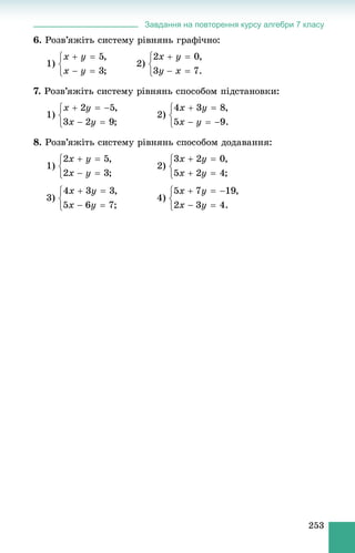 Завдання на повторення курсу алгебри 7 класу
253
6. Ðîçâ’ÿæіòü ñèñòåìó ðіâíÿíü ãðàôі÷íî:
1) 2)
. Ðîçâ’ÿæіòü ñèñòåìó ðіâíÿíü ñïîñîáîì ïіäñòàíîâêè:
1) 2)
8. Ðîçâ’ÿæіòü ñèñòåìó ðіâíÿíü ñïîñîáîì äîäàâàííÿ:
1) 2)
3) 4)
 