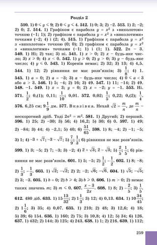 259
Ðîçäіë 2
510. 1) ; 2) . 512. 1) 0; 3; 2) –2. 513. 1) 2; –2;
2) 0; 2. 514. 1) Ãðàôіêîì є ïàðàáîëà y  x2 ç «âèêîëîòîþ»
òî÷êîþ (–1; 1); 2) ãðàôіêîì є ïàðàáîëà y  x2 ç «âèêîëîòèìè»
òî÷êàìè (–2; 4) і (2; 4). 515. 1) Ãðàôіêîì є ïàðàáîëà y  x2
ç «âèêîëîòîþ» òî÷êîþ (0; 0); 2) ãðàôіêîì є ïàðàáîëà y  x2
ç «âèêîëîòèìè» òî÷êàìè (–1; 1) і (1; 1). 522. 2n – 3.
540. 1) Íі; 2) òàê; 3) íі. 541. 1) x > 0; 2) x – áóäü-ÿêå ÷èñ-
ëî; 3) ; 4) x < 0. 542. 1) ; 2) y > 0; 3) y – áóäü-ÿêå
÷èñëî; 4) . 543. 1) Êîðåíіâ íåìàє; 2) 32; 3) 13; 4) 4,5.
544. 1) 12; 2) ðіâíÿííÿ íå ìàє ðîçâ’ÿçêіâ; 3) ; 4) 1.
545. 1) a  0; 2) a  –3; 3) a – áóäü-ÿêå ÷èñëî; 4)
àáî a > 3. 546. 1) 5; –4; 2) 16; 3) 49. 547. 1) 11; –14; 2) 49.
548. –1. 549. 1) x  3; y  0; 2) x  –2; y  –1. 553. Íі.
571. ; 0,(1); 0,11; ; 0,01. 572. 0,02; ; 0,22; 0,(2); .
576. 6,25 ñì; äì. 577. Â ê à ç і â ê à. Íåõàé , äå –
íåñêîðîòíèé äðіá. Òîäі . 581. 1) Äðóãèé; 2) ïåðøèé.
596. 1) 25; 2) –30; 3) 56; 4) 16,2; 5) 30; 6) 0. 597. 1) 49;
2) –84; 3) 44; 4) –2,1; 5) 40; 6) . 598. 1) 8; –4; 2) –1; –5;
3) 1; 4) ; ; 5) ; ; 6) ðіâíÿííÿ íå ìàє ðîçâ’ÿçêіâ.
599. 1) 3; –5; 2) 7; –3; 3) –2; 4) ; ; 5) ; ; 6) ðіâ-
íÿííÿ íå ìàє ðîçâ’ÿçêіâ. 601. 1) 5; –5; 2) ; . 602. 1) 8; –8;
2) ; . 603. 1) ; ; 2) 2; –2; ; . 604. 1) ; ;
2) 3; –3. 605. 1) b  0; 2) ; 3) . 606. 1) m > 0; 2) íåìàє
òàêèõ çíà÷åíü m; 3) . 607. . 608. 1) 8; 2) ; 3) .
612. 480 äіá. 633. 1) ; 2) ; 3) 12; 4) 0,13. 634. 1) ;
2) ; 3) 35; 4) 0,07. 635. 1) 210; 2) 48; 3) 12,6; 4) 18;
5) 39; 6) 154. 636. 1) 160; 2) 75; 3) 10,8; 4) 12; 5) 34; 6) 126.
637. 1) 432; 2) 144; 3) 125; 4) 243. 638. 1) 1; 2) 216. 639. 1) 112;
 