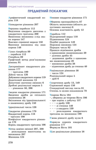 ПРЕДМЕТНИЙ ПОКАЖЧИК
270
ПРЕДМЕТНИЙ ПОКАЖЧИК
Àðèôìåòè÷íèé êâàäðàòíèé êî-
ðіíü 118
Áіêâàäðàòíå ðіâíÿííÿ 207
Âåðøèíà ïàðàáîëè 112
Âèäіëåííÿ êâàäðàòà äâî÷ëåíà ç
êâàäðàòíîãî òðè÷ëåíà 200
Âèíåñåííÿ ìíîæíèêà ç-ïіä çíà-
êà êîðåíÿ 147
Âçàєìíî ñïðÿæåíі âèðàçè 150
Âíåñåííÿ ìíîæíèêà ïіä çíàê
êîðåíÿ 148
Ãіëêè ãіïåðáîëè 89
– ïàðàáîëè 112
Ãіïåðáîëà 89
Ãðàôі÷íèé ìåòîä ðîçâ’ÿçóâàííÿ
ðіâíÿíü 91
Äèñêðèìіíàíò êâàäðàòíîãî ðіâ-
íÿííÿ 177
– – òðè÷ëåíà 199
Äіéñíі ÷èñëà 126
Äîáóâàííÿ êâàäðàòíîãî êîðåíÿ 119
Äîäàòêîâèé ìíîæíèê 13
Äîïóñòèìі çíà÷åííÿ çìіííèõ 6
Äðîáîâі ðàöіîíàëüíі âèðàçè 5
– – ðіâíÿííÿ 58, 206
Çâåäåíå êâàäðàòíå ðіâíÿííÿ 171
Çâåäåííÿ äðîáіâ äî ñïіëüíîãî
çíàìåííèêà 26
Çâіëüíåííÿ âіä іððàöіîíàëüíîñòі
â çíàìåííèêó äðîáó 150
Іððàöіîíàëüíі ÷èñëà 126
Êâàäðàòíå ðіâíÿííÿ 170
Êâàäðàòíèé êîðіíü 118
– òðè÷ëåí 198
Êîåôіöієíò êâàäðàòíîãî ðіâíÿí-
íÿ 170
Êîðіíü êâàäðàòíîãî òðè÷ëåíà 198
Ìåòîä çàìіíè çìіííîї 207, 208
– ðîçêëàäàííÿ ìíîãî÷ëåíà íà
ìíîæíèêè 207
Ìíîæèíà 124
Íåïîâíå êâàäðàòíå ðіâíÿííÿ 171
Îáåðíåíà ïðîïîðöіéíіñòü 87
Îáëàñòü âèçíà÷åííÿ (îáëàñòü äî-
ïóñòèìèõ çíà÷åíü) 6
Îñíîâíà âëàñòèâіñòü äðîáó 12
Ïàðàáîëà 112
Ïіäêîðåíåâèé âèðàç 118
Ïіäìíîæèíà 124
Ïîäіáíі ðàäèêàëè 149
Ïîðîæíÿ ìíîæèíà 124
Ïîðÿäîê ÷èñëà 82
Ïðàâèëî âіäíіìàííÿ äðîáіâ
ç îäíàêîâèìè çíàìåííèêàìè 20
– äіëåííÿ äðîáіâ 45
– äîäàâàííÿ äðîáіâ ç îäíàêîâè-
ìè çíàìåííèêàìè 20
– ìíîæåííÿ äðîáіâ 38
– ïіäíåñåííÿ äðîáó äî ñòåïåíÿ 40
Ðàöіîíàëüíå ðіâíÿííÿ 58
– ÷èñëî 124
Ðàöіîíàëüíèé âèðàç 5
– äðіá 6
Ñêîðî÷åííÿ äðîáó 13, 149
Ñïðÿæåíèé âèðàç 150
Ñòàíäàðòíèé âèãëÿä ÷èñëà 81
Ñòåïіíü іç öіëèì ïîêàçíèêîì 70
Òåîðåìà Âієòà 184
–, îáåðíåíà äî òåîðåìè Âієòà 186
– ïðî êîðіíü ç äîáóòêó 137
– – – ç äðîáó 138
– – – çі ñòåïåíÿ 140
– – – ç êâàäðàòà 139
– – ðîçêëàäàííÿ êâàäðàòíîãî
òðè÷ëåíà íà ìíîæíèêè 199
Óìîâà ðіâíîñòі äðîáó íóëþ 6
Ôîðìóëà êîðåíіâ êâàäðàòíîãî
ðіâíÿííÿ 177
Ôîðìóëè Âієòà 185
Öіëå ðàöіîíàëüíå ðіâíÿííÿ 58
 