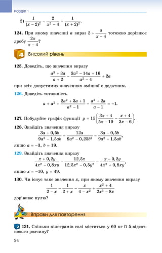 РОЗДІЛ 1
34
2) .
124. Ïðè ÿêîìó çíà÷åííі a âèðàç òîòîæíî äîðіâíþє
äðîáó ?
Високий рівень
125. Äîâåäіòü, ùî çíà÷åííÿ âèðàçó
ïðè âñіõ äîïóñòèìèõ çíà÷åííÿõ çìіííîї є äîäàòíèì.
126. Äîâåäіòü òîòîæíіñòü
.
127. Ïîáóäóéòå ãðàôіê ôóíêöії .
128. Çíàéäіòü çíà÷åííÿ âèðàçó
,
ÿêùî a  –3, b  19.
129. Çíàéäіòü çíà÷åííÿ âèðàçó
,
ÿêùî x  –10, y  49.
130. ×è іñíóє òàêå çíà÷åííÿ x, ïðè ÿêîìó çíà÷åííÿ âèðàçó
äîðіâíþє íóëþ?
Вправи для повторення
. Ñêіëüêè êіëîãðàìіâ ñîëі ìіñòèòüñÿ ó 60 êã її 5-âіäñîò-
êîâîãî ðîç÷èíó?
 