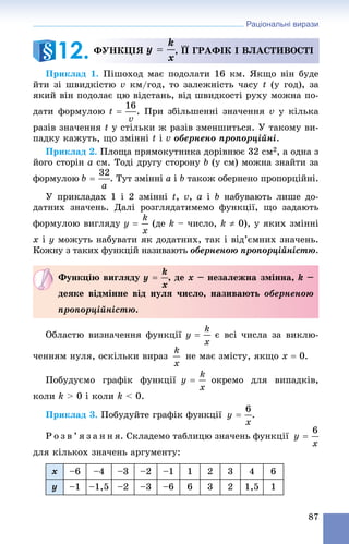 Раціональні вирази
87
Ïðèêëàä 1. Ïіøîõîä ìàє ïîäîëàòè 16 êì. ßêùî âіí áóäå
éòè çі øâèäêіñòþ v êì/ãîä, òî çàëåæíіñòü ÷àñó t (ó ãîä), çà
ÿêèé âіí ïîäîëàє öþ âіäñòàíü, âіä øâèäêîñòі ðóõó ìîæíà ïî-
äàòè ôîðìóëîþ . Ïðè çáіëüøåííі çíà÷åííÿ v ó êіëüêà
ðàçіâ çíà÷åííÿ t ó ñòіëüêè æ ðàçіâ çìåíøèòüñÿ. Ó òàêîìó âè-
ïàäêó êàæóòü, ùî çìіííі t і v îáåðíåíî ïðîïîðöіéíі.
Ïðèêëàä 2. Ïëîùà ïðÿìîêóòíèêà äîðіâíþє 32 ñì2, à îäíà ç
éîãî ñòîðіí a ñì. Òîäі äðóãó ñòîðîíó b (ó ñì) ìîæíà çíàéòè çà
ôîðìóëîþ . Òóò çìіííі a і b òàêîæ îáåðíåíî ïðîïîðöіéíі.
Ó ïðèêëàäàõ 1 і 2 çìіííі t, v, a і b íàáóâàþòü ëèøå äî-
äàòíèõ çíà÷åíü. Äàëі ðîçãëÿäàòèìåìî ôóíêöії, ùî çàäàþòü
ôîðìóëîþ âèãëÿäó (äå k – ÷èñëî, k  0), ó ÿêèõ çìіííі
x і y ìîæóòü íàáóâàòè ÿê äîäàòíèõ, òàê і âіä’єìíèõ çíà÷åíü.
Êîæíó ç òàêèõ ôóíêöіé íàçèâàþòü îáåðíåíîþ ïðîïîðöіéíіñòþ.
Îáëàñòþ âèçíà÷åííÿ ôóíêöії є âñі ÷èñëà çà âèêëþ-
÷åííÿì íóëÿ, îñêіëüêè âèðàç íå ìàє çìіñòó, ÿêùî x  0.
Ïîáóäóєìî ãðàôіê ôóíêöії îêðåìî äëÿ âèïàäêіâ,
êîëè k > 0 і êîëè k < 0.
Ïðèêëàä 3. Ïîáóäóéòå ãðàôіê ôóíêöії .
Ð î ç â ’ ÿ ç à í í ÿ. Ñêëàäåìî òàáëèöþ çíà÷åíü ôóíêöії
äëÿ êіëüêîõ çíà÷åíü àðãóìåíòó:
x –6 –4 –3 –2 –1 1 2 3 4 6
y –1 –1,5 –2 –3 –6 6 3 2 1,5 1
ÔÓÍÊÖІß , ЇЇ ÃÐÀÔІÊ І ÂËÀÑÒÈÂÎÑÒІ
12.
Ôóíêöіþ âèãëÿäó , äå x – íåçàëåæíà çìіííà, k –
äåÿêå âіäìіííå âіä íóëÿ ÷èñëî, íàçèâàþòü îáåðíåíîþ
ïðîïîðöіéíіñòþ.
 