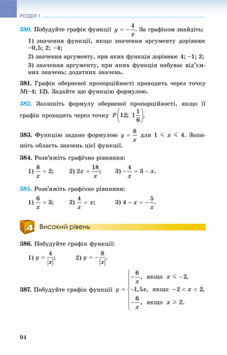 РОЗДІЛ 1
94
380. Ïîáóäóéòå ãðàôіê ôóíêöії . Çà ãðàôіêîì çíàéäіòü:
1) çíà÷åííÿ ôóíêöії, ÿêùî çíà÷åííÿ àðãóìåíòó äîðіâíþє
–0,5; 2; –4;
2) çíà÷åííÿ àðãóìåíòó, ïðè ÿêèõ ôóíêöіÿ äîðіâíþє 4; –1; 2;
3) çíà÷åííÿ àðãóìåíòó, ïðè ÿêèõ ôóíêöіÿ íàáóâàє âіä’єì-
íèõ çíà÷åíü; äîäàòíèõ çíà÷åíü.
381. Ãðàôіê îáåðíåíîї ïðîïîðöіéíîñòі ïðîõîäèòü ÷åðåç òî÷êó
M(–4; 12). Çàäàéòå öþ ôóíêöіþ ôîðìóëîþ.M
382. Çàïèøіòü ôîðìóëó îáåðíåíîї ïðîïîðöіéíîñòі, ÿêùî її
ãðàôіê ïðîõîäèòü ÷åðåç òî÷êó .
383. Ôóíêöіþ çàäàíî ôîðìóëîþ äëÿ 1 J x J 4. Çàïè-
øіòü îáëàñòü çíà÷åíü öієї ôóíêöії.
384. Ðîçâ’ÿæіòü ãðàôі÷íî ðіâíÿííÿ:
1) ; 2) ; 3) .
385. Ðîçâ’ÿæіòü ãðàôі÷íî ðіâíÿííÿ:
1) ; 2) ; 3) .
Високий рівень
386. Ïîáóäóéòå ãðàôіê ôóíêöії:
1) ; 2) .
387. Ïîáóäóéòå ãðàôіê ôóíêöії
 