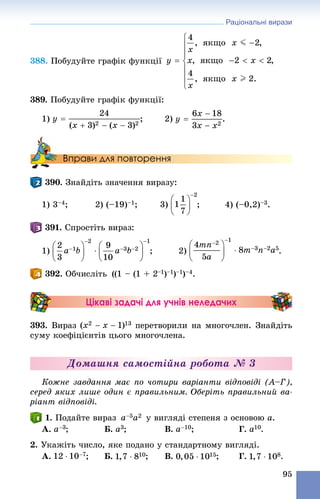 Раціональні вирази
95
388. Ïîáóäóéòå ãðàôіê ôóíêöії
389. Ïîáóäóéòå ãðàôіê ôóíêöії:
1) ; 2) .
Вправи для повторення
390. Çíàéäіòü çíà÷åííÿ âèðàçó:
1) 3–4; 2) (–19)–1; 3) ; 4) (–0,2)–3.
391. Ñïðîñòіòü âèðàç:
1) ; 2) .
392. Îá÷èñëіòü ((1 – (1 + 2–1)–1)–1)–4.
Цікаві задачі для учнів неледачих
393. Âèðàç ïåðåòâîðèëè íà ìíîãî÷ëåí. Çíàéäіòü
ñóìó êîåôіöієíòіâ öüîãî ìíîãî÷ëåíà.
Äîìàøíÿ ñàìîñòіéíà ðîáîòà № 3
Êîæíå çàâäàííÿ ìàє ïî ÷îòèðè âàðіàíòè âіäïîâіäі (À–Ã),
ñåðåä ÿêèõ ëèøå îäèí є ïðàâèëüíèì. Îáåðіòü ïðàâèëüíèé âà-
ðіàíò âіäïîâіäі.
1. Ïîäàéòå âèðàç ó âèãëÿäі ñòåïåíÿ ç îñíîâîþ a.
À. ; Á. ; Â. ; Ã. .
2. Óêàæіòü ÷èñëî, ÿêå ïîäàíî ó ñòàíäàðòíîìó âèãëÿäі.
À. ; Á. ; Â. ; Ã. .
 
