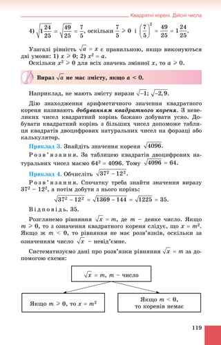 Квадратні корені. Дійсні числа
119
4) , îñêіëüêè I 0 і .
Óçàãàëі ðіâíіñòü є ïðàâèëüíîþ, ÿêùî âèêîíóþòüñÿ
äâі óìîâè: 1) x I 0; 2) x2  a.
Îñêіëüêè x2 I 0 äëÿ âñіõ çíà÷åíü çìіííîї x, òî a I 0.
Íàïðèêëàä, íå ìàþòü çìіñòó âèðàçè ;
Äіþ çíàõîäæåííÿ àðèôìåòè÷íîãî çíà÷åííÿ êâàäðàòíîãî
êîðåíÿ íàçèâàþòü äîáóâàííÿì êâàäðàòíîãî êîðåíÿ. Ç íåâå-
ëèêèõ ÷èñåë êâàäðàòíèé êîðіíü áàæàíî äîáóâàòè óñíî. Äî-
áóâàòè êâàäðàòíèé êîðіíü ç áіëüøèõ ÷èñåë äîïîìîæå òàáëè-
öÿ êâàäðàòіâ äâîöèôðîâèõ íàòóðàëüíèõ ÷èñåë íà ôîðçàöі àáî
êàëüêóëÿòîð.
Ïðèêëàä 3. Çíàéäіòü çíà÷åííÿ êîðåíÿ
Ð î ç â ’ ÿ ç à í í ÿ. Çà òàáëèöåþ êâàäðàòіâ äâîöèôðîâèõ íà-
òóðàëüíèõ ÷èñåë ìàєìî 642  4096. Òîìó
Ïðèêëàä 4. Îá÷èñëіòü
Ð î ç â ’ ÿ ç à í í ÿ. Ñïî÷àòêó òðåáà çíàéòè çíà÷åííÿ âèðàçó
372 – 122, à ïîòіì äîáóòè ç íüîãî êîðіíü:
Â і ä ï î â і ä ü. 35.
Ðîçãëÿíåìî ðіâíÿííÿ , äå m – äåÿêå ÷èñëî. ßêùî
m I 0, òî ç îçíà÷åííÿ êâàäðàòíîãî êîðåíÿ ñëіäóє, ùî x  m2.
ßêùî æ m < 0, òî ðіâíÿííÿ íå ìàє ðîçâ’ÿçêіâ, îñêіëüêè çà
îçíà÷åííÿì ÷èñëî – íåâіä’єìíå.
Ñèñòåìàòèçóєìî äàíі ïðî ðîçâ’ÿçêè ðіâíÿííÿ çà äî-
ïîìîãîþ ñõåìè:
, m – ÷èñëî
ßêùî m I 0, òî x  m2
ßêùî m < 0,
òî êîðåíіâ íåìàє
Âèðàç íå ìàє çìіñòó, ÿêùî a < 0.
 
