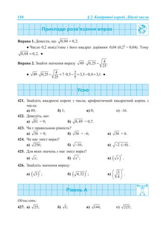 110 § 2. Ʉɜɚɞɪɚɬɧɿ ɤɨɪɟɧɿ. Ⱦɿɣɫɧɿ ɱɢɫɥɚ
ȼɩɪɚɜɚ 1. Ⱦɨɜɟɫɬɢ, ɳɨ 0,04 0,2.=
Ɣ ɑɢɫɥɨ 0,2 ɧɟɜɿɞ’ɽɦɧɟ ɿ ɣɨɝɨ ɤɜɚɞɪɚɬ ɞɨɪɿɜɧɸɽ 0,04 (0,22
= 0,04). Ɍɨɦɭ
0,04 0,2.= Ɣ
ȼɩɪɚɜɚ 2. Ɂɧɚɣɬɢ ɡɧɚɱɟɧɧɹ ɜɢɪɚɡɭ 449 0,25 .
25
⋅ −
Ɣ
4 249 0,25 7 0,5 3,5 0,4 3,1.
25 5
⋅ − = ⋅ − = − = Ɣ
421. Ɂɧɚɣɞɿɬɶ ɤɜɚɞɪɚɬɧɿ ɤɨɪɟɧɿ ɡ ɱɢɫɥɚ; ɚɪɢɮɦɟɬɢɱɧɢɣ ɤɜɚɞɪɚɬɧɢɣ ɤɨɪɿɧɶ ɡ
ɱɢɫɥɚ:
ɚ) 49; ɛ) 1; ɜ) 0; ɝ) –16.
422. Ⱦɨɜɟɞɿɬɶ, ɳɨ:
ɚ) 81 = 9; ɛ) 0,49 = 0,7.
423. ɑɢ ɽ ɩɪɚɜɢɥɶɧɨɸ ɪɿɜɧɿɫɬɶ?
ɚ) 36 = 8; ɛ) 36 = –6; ɜ) 36 = 6.
424. ɑɢ ɦɚɽ ɡɦɿɫɬ ɜɢɪɚɡ?
ɚ) 256; ɛ) 16;− ɜ) 2 ( 8)− ⋅ − .
425. Ⱦɥɹ ɹɤɢɯ ɡɧɚɱɟɧɶ ɯ ɦɚɽ ɡɦɿɫɬ ɜɢɪɚɡ?
ɚ) ;x ɛ) 2
;x ɜ) ( )
2
x .
426. Ɂɧɚɣɞɿɬɶ ɡɧɚɱɟɧɧɹ ɜɢɪɚɡɭ:
ɚ) ( )
2
3 ; ɛ) ( )
2
4,32 ; ɜ)
2
3 .
4
§ ·
¨ ¸
© ¹
Ɉɛɱɢɫɥɿɬɶ:
427. ɚ) 25; ɛ) 1; ɜ) 144; ɝ) 225;
 