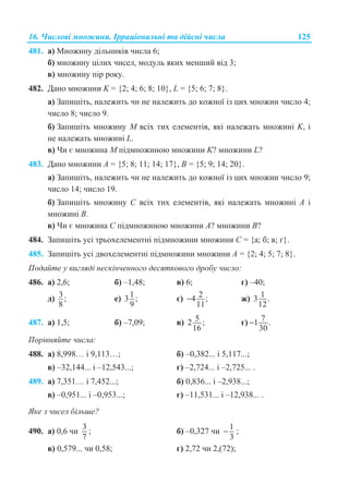16. ɑɢɫɥɨɜɿ ɦɧɨɠɢɧɢ. ȱɪɪɚɰɿɨɧɚɥɶɧɿ ɬɚ ɞɿɣɫɧɿ ɱɢɫɥɚ 125
481. ɚ) Ɇɧɨɠɢɧɭ ɞɿɥɶɧɢɤɿɜ ɱɢɫɥɚ 6;
ɛ) ɦɧɨɠɢɧɭ ɰɿɥɢɯ ɱɢɫɟɥ, ɦɨɞɭɥɶ ɹɤɢɯ ɦɟɧɲɢɣ ɜɿɞ 3;
ɜ) ɦɧɨɠɢɧɭ ɩɿɪ ɪɨɤɭ.
482. Ⱦɚɧɨ ɦɧɨɠɢɧɢ K = {2; 4; 6; 8; 10}, L = {5; 6; 7; 8}.
ɚ) Ɂɚɩɢɲɿɬɶ, ɧɚɥɟɠɢɬɶ ɱɢ ɧɟ ɧɚɥɟɠɢɬɶ ɞɨ ɤɨɠɧɨʀ ɿɡ ɰɢɯ ɦɧɨɠɢɧ ɱɢɫɥɨ 4;
ɱɢɫɥɨ 8; ɱɢɫɥɨ 9.
ɛ) Ɂɚɩɢɲɿɬɶ ɦɧɨɠɢɧɭ Ɇ ɜɫɿɯ ɬɢɯ ɟɥɟɦɟɧɬɿɜ, ɹɤɿ ɧɚɥɟɠɚɬɶ ɦɧɨɠɢɧɿ K, ɿ
ɧɟ ɧɚɥɟɠɚɬɶ ɦɧɨɠɢɧɿ L.
ɜ) ɑɢ ɽ ɦɧɨɠɢɧɚ Ɇ ɩɿɞɦɧɨɠɢɧɨɸ ɦɧɨɠɢɧɢ K? ɦɧɨɠɢɧɢ L?
483. Ⱦɚɧɨ ɦɧɨɠɢɧɢ Ⱥ = {5; 8; 11; 14; 17}, ȼ = {5; 9; 14; 20}.
ɚ) Ɂɚɩɢɲɿɬɶ, ɧɚɥɟɠɢɬɶ ɱɢ ɧɟ ɧɚɥɟɠɢɬɶ ɞɨ ɤɨɠɧɨʀ ɿɡ ɰɢɯ ɦɧɨɠɢɧ ɱɢɫɥɨ 9;
ɱɢɫɥɨ 14; ɱɢɫɥɨ 19.
ɛ) Ɂɚɩɢɲɿɬɶ ɦɧɨɠɢɧɭ ɋ ɜɫɿɯ ɬɢɯ ɟɥɟɦɟɧɬɿɜ, ɹɤɿ ɧɚɥɟɠɚɬɶ ɦɧɨɠɢɧɿ Ⱥ ɿ
ɦɧɨɠɢɧɿ ȼ.
ɜ) ɑɢ ɽ ɦɧɨɠɢɧɚ ɋ ɩɿɞɦɧɨɠɢɧɨɸ ɦɧɨɠɢɧɢ Ⱥ? ɦɧɨɠɢɧɢ ȼ?
484. Ɂɚɩɢɲɿɬɶ ɭɫɿ ɬɪɶɨɯɟɥɟɦɟɧɬɧɿ ɩɿɞɦɧɨɠɢɧɢ ɦɧɨɠɢɧɢ ɋ = {ɚ; ɛ; ɜ; ɝ}.
485. Ɂɚɩɢɲɿɬɶ ɭɫɿ ɞɜɨɯɟɥɟɦɟɧɬɧɿ ɩɿɞɦɧɨɠɢɧɢ ɦɧɨɠɢɧɢ Ⱥ = {2; 4; 5; 7; 8}.
ɉɨɞɚɣɬɟ ɭ ɜɢɝɥɹɞɿ ɧɟɫɤɿɧɱɟɧɧɨɝɨ ɞɟɫɹɬɤɨɜɨɝɨ ɞɪɨɛɭ ɱɢɫɥɨ:
486. ɚ) 2,6; ɛ) –1,48; ɜ) 6; ɝ) –40;
ɞ) 3;
8
ɟ) 13 ;
9
ɽ) 24 ;
11
− ɠ) 13 .
12
487. ɚ) 1,5; ɛ) –7,09; ɜ) 52 ;
16
ɝ) 71 .
30
−
ɉɨɪɿɜɧɹɣɬɟ ɱɢɫɥɚ:
488. ɚ) 8,998… ɿ 9,113…; ɛ) –0,382... ɿ 5,117...;
ɜ) –32,144... ɿ –12,543...; ɝ) –2,724... ɿ –2,725... .
489. ɚ) 7,351… ɿ 7,452...; ɛ) 0,836... ɿ –2,938...;
ɜ) –0,951... ɿ –0,953...; ɝ) –11,531... ɿ –12,938... .
əɤɟ ɡ ɱɢɫɟɥ ɛɿɥɶɲɟ?
490. ɚ) 0,6 ɱɢ
3
7
; ɛ) –0,327 ɱɢ
1
3
− ;
ɜ) 0,579... ɱɢ 0,58; ɝ) 2,72 ɱɢ 2,(72);
 