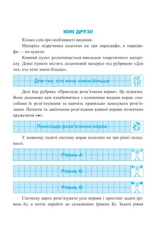 Ȍǻǥ ǲǾȁǵǥ!
Ʉɿɥɶɤɚ ɫɥɿɜ ɩɪɨ ɨɫɨɛɥɢɜɨɫɬɿ ɜɢɞɚɧɧɹ.
Ɇɚɬɟɪɿɚɥ ɩɿɞɪɭɱɧɢɤɚ ɩɨɞɿɥɟɧɨ ɧɚ ɬɪɢ ɩɚɪɚɝɪɚɮɢ, ɚ ɩɚɪɚɝɪɚ-
ɮɢ — ɧɚ ɩɭɧɤɬɢ.
Ʉɨɠɧɢɣ ɩɭɧɤɬ ɪɨɡɩɨɱɢɧɚɽɬɶɫɹ ɜɢɤɥɚɞɨɦ ɬɟɨɪɟɬɢɱɧɨɝɨ ɦɚɬɟɪɿ-
ɚɥɭ. Ⱦɟɹɤɿ ɩɭɧɤɬɢ ɦɿɫɬɹɬɶ ɞɨɞɚɬɤɨɜɢɣ ɦɚɬɟɪɿɚɥ ɩɿɞ ɪɭɛɪɢɤɨɸ «Ⱦɥɹ
ɬɢɯ, ɯɬɨ ɯɨɱɟ ɡɧɚɬɢ ɛɿɥɶɲɟ».
Ⱦɚɥɿ ɣɞɟ ɪɭɛɪɢɤɚ «ɉɪɢɤɥɚɞɢ ɪɨɡɜ’ɹɡɚɧɧɹ ɜɩɪɚɜ». ɐɟ ɩɿɞɤɚɡɤɚ.
ȼɨɧɚ ɞɨɩɨɦɨɠɟ ɜɚɦ ɨɡɧɚɣɨɦɢɬɢɫɹ ɡ ɨɫɧɨɜɧɢɦɢ ɜɢɞɚɦɢ ɜɩɪɚɜ, ɫɩɨ-
ɫɨɛɚɦɢ ʀɯ ɪɨɡɜ’ɹɡɭɜɚɧɧɹ ɬɚ ɧɚɜɱɢɬɶ ɩɪɚɜɢɥɶɧɨ ɡɚɩɢɫɭɜɚɬɢ ɪɨɡɜ’ɹ-
ɡɚɧɧɹ. ɉɨɱɚɬɨɤ ɬɚ ɡɚɤɿɧɱɟɧɧɹ ɪɨɡɜ’ɹɡɚɧɧɹ ɤɨɠɧɨʀ ɜɩɪɚɜɢ ɩɨɡɧɚɱɟɧɨ
ɤɪɭɠɟɱɤɨɦ «Ɣ».
ɍ ɤɨɠɧɨɦɭ ɩɭɧɤɬɿ ɫɢɫɬɟɦɭ ɜɩɪɚɜ ɩɨɞɿɥɟɧɨ ɧɚ ɬɪɢ ɪɿɜɧɿ ɫɤɥɚɞ-
ɧɨɫɬɿ.
ɋɩɨɱɚɬɤɭ ɜɚɪɬɨ ɪɨɡɜ’ɹɡɭɜɚɬɢ ɭɫɧɿ ɜɩɪɚɜɢ ɿ ɩɪɨɫɬɿɲɿ ɡɚɞɚɱɿ (ɪɿ-
ɜɟɧɶ Ⱥ), ɚ ɩɨɬɿɦ ɩɟɪɟɣɬɢ ɞɨ ɫɤɥɚɞɧɿɲɢɯ (ɪɿɜɟɧɶ Ȼ). Ɂɚɞɚɱɿ ɪɿɜɧɹ
 