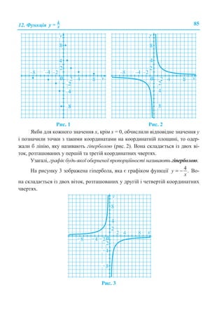 12. Ɏɭɧɤɰɿɹ k
xy = 85
Ɋɢɫ. 1 Ɋɢɫ. 2
əɤɛɢ ɞɥɹ ɤɨɠɧɨɝɨ ɡɧɚɱɟɧɧɹ ɯ, ɤɪɿɦ ɯ = 0, ɨɛɱɢɫɥɢɥɢ ɜɿɞɩɨɜɿɞɧɟ ɡɧɚɱɟɧɧɹ ɭ
ɿ ɩɨɡɧɚɱɢɥɢ ɬɨɱɤɢ ɡ ɬɚɤɢɦɢ ɤɨɨɪɞɢɧɚɬɚɦɢ ɧɚ ɤɨɨɪɞɢɧɚɬɧɿɣ ɩɥɨɳɢɧɿ, ɬɨ ɨɞɟɪ-
ɠɚɥɢ ɛ ɥɿɧɿɸ, ɹɤɭ ɧɚɡɢɜɚɸɬɶ ɝɿɩɟɪɛɨɥɨɸ (ɪɢɫ. 2). ȼɨɧɚ ɫɤɥɚɞɚɽɬɶɫɹ ɿɡ ɞɜɨɯ ɜɿ-
ɬɨɤ, ɪɨɡɬɚɲɨɜɚɧɢɯ ɭ ɩɟɪɲɿɣ ɬɚ ɬɪɟɬɿɣ ɤɨɨɪɞɢɧɚɬɧɢɯ ɱɜɟɪɬɹɯ.
ɍɡɚɝɚɥɿ, ɝɪɚɮɿɤ ɛɭɞɶ-ɹɤɨʀ ɨɛɟɪɧɟɧɨʀ ɩɪɨɩɨɪɰɿɣɧɨɫɬɿ ɧɚɡɢɜɚɸɬɶ ɝɿɩɟɪɛɨɥɨɸ.
ɇɚ ɪɢɫɭɧɤɭ 3 ɡɨɛɪɚɠɟɧɚ ɝɿɩɟɪɛɨɥɚ, ɹɤɚ ɽ ɝɪɚɮɿɤɨɦ ɮɭɧɤɰɿʀ 4 .y
x
= − ȼɨ-
ɧɚ ɫɤɥɚɞɚɽɬɶɫɹ ɿɡ ɞɜɨɯ ɜɿɬɨɤ, ɪɨɡɬɚɲɨɜɚɧɢɯ ɭ ɞɪɭɝɿɣ ɿ ɱɟɬɜɟɪɬɿɣ ɤɨɨɪɞɢɧɚɬɧɢɯ
ɱɜɟɪɬɹɯ.
Ɋɢɫ. 3
 