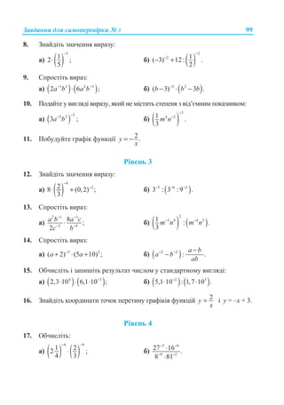 Ɂɚɜɞɚɧɧɹ ɞɥɹ ɫɚɦɨɩɟɪɟɜɿɪɤɢ ʋ 3 99
8. Ɂɧɚɣɞɿɬɶ ɡɧɚɱɟɧɧɹ ɜɢɪɚɡɭ:
ɚ) ( )
3
12 ;
5
−
⋅ ɛ) ( )
2
2 1( 3) 12 : .
2
−
−
− +
9. ɋɩɪɨɫɬɿɬɶ ɜɢɪɚɡ:
ɚ) ( ) ( )1 3 2 3
2 6 ;a b a b− −
⋅ ɛ) ( )2 2
( 3) 3 .b b b−
− ⋅ −
10. ɉɨɞɚɣɬɟ ɭ ɜɢɝɥɹɞɿ ɜɢɪɚɡɭ, ɹɤɢɣ ɧɟ ɦɿɫɬɢɬɶ ɫɬɟɩɟɧɹ ɡ ɜɿɞ’ɽɦɧɢɦ ɩɨɤɚɡɧɢɤɨɦ:
ɚ) ( )
25 2
3 ;a b
−−
ɛ) ( )
3
4 21 .
3
m n
−
−
11. ɉɨɛɭɞɭɣɬɟ ɝɪɚɮɿɤ ɮɭɧɤɰɿʀ 2.y
x
= −
Ɋɿɜɟɧɶ 3
12. Ɂɧɚɣɞɿɬɶ ɡɧɚɱɟɧɧɹ ɜɢɪɚɡɭ:
ɚ) ( )
4
228 (0,2) ;
3
−
−
⋅ + ɛ) ( )5 6 2
3 : 3 :9 .− − −
13. ɋɩɪɨɫɬɿɬɶ ɜɢɪɚɡ:
ɚ)
2 1 1
2 4
8 ;
2
a b a c
c b
− −
− −
⋅ ɛ) ( ) ( )
2
3 4 4 51 : .
3
m n m n− −
14. ɋɩɪɨɫɬɿɬɶ ɜɢɪɚɡ:
ɚ) 3 2
( 2) (5 10) ;a a−
+ ⋅ + ɛ) ( )2 2
: .
a b
a b
ab
− − −
−
15. Ɉɛɱɢɫɥɿɬɶ ɿ ɡɚɩɢɲɿɬɶ ɪɟɡɭɥɶɬɚɬ ɱɢɫɥɨɦ ɭ ɫɬɚɧɞɚɪɬɧɨɦɭ ɜɢɝɥɹɞɿ:
ɚ) ( ) ( )4 3
2,3 10 6,1 10 ;−
⋅ ⋅ ⋅ ɛ) ( ) ( )2 3
5,1 10 : 1,7 10 .−
⋅ ⋅
16. Ɂɧɚɣɞɿɬɶ ɤɨɨɪɞɢɧɚɬɢ ɬɨɱɨɤ ɩɟɪɟɬɢɧɭ ɝɪɚɮɿɤɿɜ ɮɭɧɤɰɿɣ 2=y
x
ɿ ɭ = –ɯ + 3.
Ɋɿɜɟɧɶ 4
17. Ɉɛɱɢɫɥɿɬɶ:
ɚ) ( ) ( )
4 9
1 22 ;
4 3
− −
⋅ ɛ)
3 6
9 2
27 16 .
8 81
− −
− −
⋅
⋅
 
