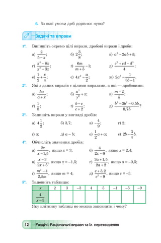 12 Розділ І. Раціональні вирази та їх перетворення
6.	 За якої умови дріб дорівнює нулю?
Задачі та вправи
1°.	 Випишіть окремо цілі вирази, дробові вирази і дроби:
а)
2
5 - x
; 	 б) 2
3
8
; 	 в) a ab2
2 5- + ;
г)
x x
x x
3
2
8
3
-
+
; 	 ґ)
6
5
1
m
m +
- ; 	 д)
c cd d2 3
4
+ -
;
е)
1
2 4
+
x
; 	 є) 4
2
2
x
a
- ; 	 ж) 2
1
3 1
3
a
b
-
-
.
2°.	 Які з даних виразів є цілими виразами, а які — дробовими:
а)
5a
a x+
; 	 б)
x
y
x
2
2
+ ; 	 в)
m - 2
5
;
г)
1
8
; 	 ґ)
b c
c
-
+ 2
; 	 д)
b b b3 2
3 0 5
0 75
- - ,
,
?
3°.	 Запишіть вирази у вигляді дробів:
а) 4
1
2
; 	 б) 3,7;	 в) -
4
9
; 	 г) 2;
ґ) а;	 д) а – b;	 е)
1
2
a a+ ; 	 є) 2
3
4
b b- .
4°.	 Обчисліть значення дробів:
а)
2
1 5
x
x - ,
, якщо х = 3;	 б)
4
2 6x -
, якщо х = 2,4;
в)
x
x
-
+
3
2 5
, якщо х = –1,5;	 г)
3 1 5
2 2
a
a
+
+
,
, якщо а = –0,5;
ґ)
m
m
2
4
2 5
-
,
, якщо т = 4;	 д)
c
c
+
-
3 2
92
,
, якщо с = –3.
5°.	 Заповніть таблицю:
х 2 3 –3 4 5 –1 –5 –9
4
3x -
Яку клітинку таблиці не можна заповнити і чому?
 