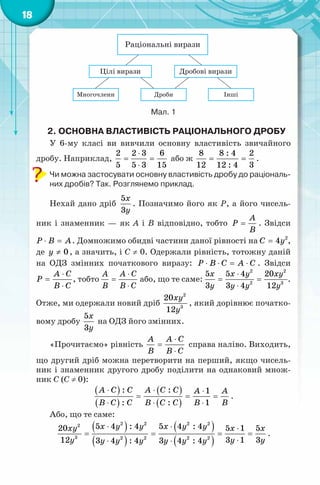18
Мал. 1
2. ОСНОВНА ВЛАСТИВІСТЬ РАЦІОНАЛЬНОГО ДРОБУ
У 6-му класі ви вивчили основну властивість звичайного
дробу. Наприклад,
2 2 3 6
5 5 3 15
⋅
= =
⋅
або ж
8 8 : 4 2
12 12 : 4 3
= = .
Чи можна застосувати основну властивість дробу до раціональ-
них дробів? Так. Розглянемо приклад.
Нехай дано дріб
5
3
x
y
. Позначимо його як Р, а його чисель-
ник і знаменник — як А і В відповідно, тобто
A
P
B
= . Звідси
P B A⋅ =. Домножимо обидві частини даної рівності на 2
4C y= ,
де 0y ≠ , а значить, і С ≠ 0. Одержали рівність, тотожну даній
на ОДЗ змінних початкового виразу: P B C A C⋅ ⋅ = ⋅ . Звідси
A C
P
B C
⋅
=
⋅
, тобто
A A C
B B C
⋅
=
⋅
або, що те саме:
2 2
2 3
5 5 4 20
3 3 4 12
x x y xy
y y y y
⋅
= =
⋅
.
Отже, ми одержали новий дріб
2
3
20
12
xy
y
, який дорівнює початко-
вому дробу
5
3
x
y
на ОДЗ його змінних.
«Прочитаємо» рівність
A A C
B B C
⋅
=
⋅
справа наліво. Виходить,
що другий дріб можна перетворити на перший, якщо чисель-
ник і знаменник другого дробу поділити на однаковий множ-
ник С (С ≠ 0):
( )
( )
( )
( )
: : 1
: : 1
A C C A C C A A
B C C B C C B B
⋅ ⋅ ⋅
= = =
⋅ ⋅ ⋅
.
Або, що те саме:
( )
( )
( )
( )
2 2 2 22
3 2 2 2 2
5 4 : 4 5 4 : 420 5 1 5
12 3 1 33 4 : 4 3 4 : 4
x y y x y yxy x x
y y yy y y y y y
⋅ ⋅ ⋅
= = ==
⋅⋅ ⋅
.
 