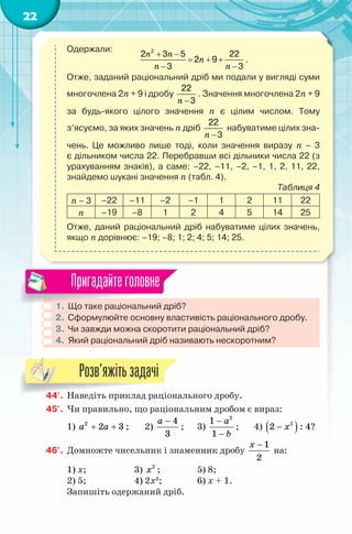 22
Одержали:
n n
n
n n
+ −
= + +
− −
2
2 3 5 22
2 9
3 3
.
Отже, заданий раціональний дріб ми подали у вигляді суми
многочлена 2n + 9 і дробу
n −
22
3
. Значення многочлена 2n + 9
за будь-якого цілого значення n є цілим числом. Тому
з’ясуємо, за яких значень n дріб
n −
22
3
набуватиме цілих зна-
чень. Це можливо лише тоді, коли значення виразу n – 3
є дільником числа 22. Перебравши всі дільники числа 22 (з
урахуванням знаків), а саме: –22, –11, –2, –1, 1, 2, 11, 22,
знайдемо шукані значення n (табл. 4).
Таблиця 4
n – 3 –22 –11 –2 –1 1 2 11 22
n –19 –8 1 2 4 5 14 25
Отже, даний раціональний дріб набуватиме цілих значень,
якщо n дорівнює: –19; –8; 1; 2; 4; 5; 14; 25.
1. Що таке раціональний дріб?
2. Сформулюйте основну властивість раціонального дробу.
3. Чи завжди можна скоротити раціональний дріб?
4. Який раціональний дріб називають нескоротним?
Пригадайтеголовне
44'. Наведіть приклад раціонального дробу.
45'. Чи правильно, що раціональним дробом є вираз:
1) 2
2 3a a+ + ; 2)
4
3
a −
; 3)
2
1
1
a
b
−
−
; 4) ( )2
2 : 4x− ?
46°. Домножте чисельник і знаменник дробу
1
2
x −
на:
1) x; 3) 2
x ; 5) 8;
2) 5; 4) 2x3
; 6) x + 1.
Запишіть одержаний дріб.
44'. Наведіть приклад раціонального дробу.
Розв’яжітьзадачі
 