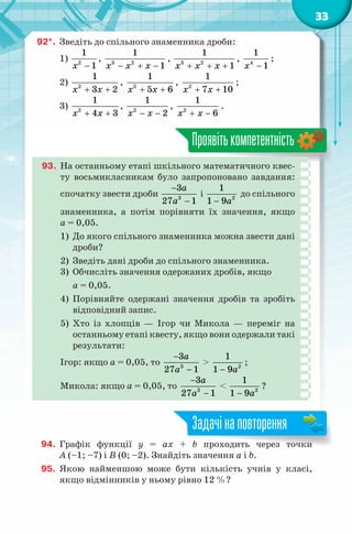 33
92*. Зведіть до спільного знаменника дроби:
1) 2
1
1x −
, 3 2
1
1x x x− + −
, 3 2
1
1x x x+ + +
, 4
1
1x −
;
2) 2
1
3 2x x+ +
, 2
1
5 6x x+ +
, 2
1
7 10x x+ +
;
3) 2
1
4 3x x+ +
, 2
1
2x x− −
, 2
1
6x x+ −
.
Проявітькомпетентність
93. На останньому етапі шкільного математичного квес-
ту восьмикласникам було запропоновано завдання:
спочатку звести дроби 3
3
27 1
a
a
−
−
і 2
1
1 9a−
до спільного
знаменника, а потім порівняти їх значення, якщо
a = 0,05.
1) До якого спільного знаменника можна звести дані
дроби?
2) Зведіть дані дроби до спільного знаменника.
3) Обчисліть значення одержаних дробів, якщо
a = 0,05.
4) Порівняйте одержані значення дробів та зробіть
відповідний запис.
5) Хто із хлопців — Ігор чи Микола — переміг на
останньому етапі квесту, якщо вони одержали такі
результати:
Ігор: якщо a = 0,05, то 3
3
27 1
a
a
−
−
> 2
1
1 9a−
;
Микола: якщо a = 0,05, то 3
3
27 1
a
a
−
−
< 2
1
1 9a−
?
94. Графік функції y = ax + b проходить через точки
A (–1; –7) і B (0; –2). Знайдіть значення a і b.
95. Якою найменшою може бути кількість учнів у класі,
якщо відмінників у ньому рівно 12 %?
+ b проходить через точки
Задачінаповторення
 