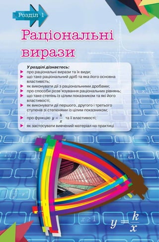 У розділі дізнаєтесь:
 про раціональні вирази та їх види;
 що таке раціональний дріб та яка його основна
властивість;
 як виконувати дії з раціональними дробами;
 про способи розв’язування раціональних рівнянь;
 що таке степінь із цілим показником та які його
властивості;
 як виконувати дії першого, другого і третього
ступенів зі степенями із цілим показником;
 про функцію
k
y
x
= та її властивості;
 як застосувати вивчений матеріал на практиці
 