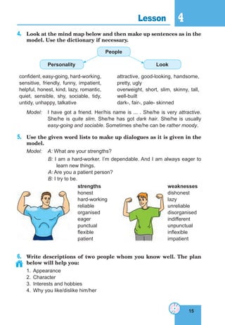15
4
15
Lesson 4
4. Look at the mind map below and then make up sentences as in the
model. Use the dictionary if necessary.
confident, easy-going, hard-working,
sensitive, friendly, funny, impatient,
helpful, honest, kind, lazy, romantic,
quiet, sensible, shy, sociable, tidy,
untidy, unhappy, talkative
attractive, good-looking, handsome,
pretty, ugly
overweight, short, slim, skinny, tall,
well-built
dark-, fair-, pale- skinned
People
Personality look
Model: I have got a friend. Her/his name is ... . She/he is very attractive.
She/he is quite slim. She/he has got dark hair. She/he is usually
easy-going and sociable. Sometimes she/he can be rather moody.
5. Use the given word lists to make up dialogues as it is given in the
model.
Model: A: What are your strengths?
B: I am a hard-worker. I’m dependable. And I am always eager to
learn new things.
A: Are you a patient person?
B: I try to be.
strengths
honest
hard-working
reliable
organised
eager
punctual
flexible
patient
weaknesses
dishonest
lazy
unreliable
disorganised
indifferent
unpunctual
inflexible
impatient
6. Write descriptions of two people whom you know well. The plan
below will help you:
1. Appearance
2. Character
3. Interests and hobbies
4. Why you like/dislike him/her
 