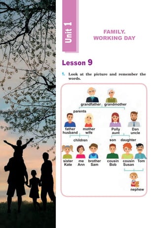 Lesson 9
1. Look at the picture and remember the
words.
Unit1
FAMILY.
WORKING DAY
grandfather grandmother
father
husband
mother
wife
Polly
aunt
sister
Kate
dan
uncle
me
ann
brother
sam
cousin
susan
Tomcousin
bob
parents
children daughterson
nephew
 