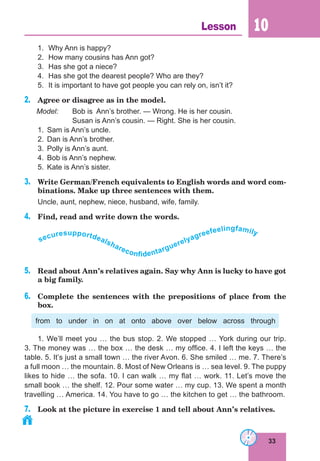 33
Lesson 10
1. Why Ann is happy?
2. How many cousins has Ann got?
3. Has she got a niece?
4. Has she got the dearest people? Who are they?
5. It is important to have got people you can rely on, isn’t it?
2. Agree or disagree as in the model.
Model: Bob is Ann’s brother. — Wrong. He is her cousin.
Susan is Ann’s cousin. — Right. She is her cousin.
1. Sam is Ann’s uncle.
2. Dan is Ann’s brother.
3. Polly is Ann’s aunt.
4. Bob is Ann’s nephew.
5. Kate is Ann’s sister.
3. Write German/French equivalents to English words and word com-
binations. Make up three sentences with them.
Uncle, aunt, nephew, niece, husband, wife, family.
4. Find, read and write down the words.
securesupportdealshareconfidentarguerelyagreefeelingfamily
5. Read about Ann’s relatives again. Say why Ann is lucky to have got
a big family.
6. Complete the sentences with the prepositions of place from the
box.
from to under in on at onto above over below across through
1. We’ll meet you … the bus stop. 2. We stopped … York during our trip.
3. The money was … the box … the desk … my office. 4. I left the keys … the
table. 5. It’s just a small town … the river Avon. 6. She smiled … me. 7. There’s
a full moon … the mountain. 8. Most of New Orleans is … sea level. 9. The puppy
likes to hide … the sofa. 10. I can walk … my flat … work. 11. Let’s move the
small book … the shelf. 12. Pour some water … my cup. 13. We spent a month
travelling … America. 14. You have to go … the kitchen to get … the bathroom.
7. Look at the picture in exercise 1 and tell about Ann’s relatives.
 
