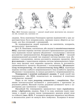 Тема 9
176
людини. Хоча пояснення Гіппократа причин відмінностей у цих ха-
рактеристиках було неправильним, принцип поділу зберігся до сьо-
годні, але був уточнений і доповнений.
За темпераментом людей поділяють на сангвініків, холериків,
меланхоліків і флегматиків.
За І. П. Павловим, сангвінікам, або людям із сангвінічним типом
ВНД, властива нервова система сильного врівноваженого рухливого
типу (однаково сильні процеси збудження і гальмування з високою
рухливістю і врівноваженістю). Холеричному типу ВНД — сильний
неврівноважений рухливий тип нервової системи (велика сила збу-
дження і гальмування, висока рухливість нервових процесів). Для
флегматиків є характерною нервова система врівноваженого інерт-
ного типу (велика сила нервових процесів, низька їх рухливість,
урівноваженість процесів збудження і гальмування). Меланхоліч-
ному темпераменту, або меланхолічному типу ВНД, відповідає
нервова система слабкого неврівноваженого типу (слабкість процесів
збудження і гальмування, їх низька рухливість і неврівноваженість).
Темперамент і психічні особливості людини. У який спосіб тип
темпераменту, або ВНД, позначається на поведінці й психічних
особливостях людини?
Перш за все через розумову активність і емоційність. Про-
явами інтелектуальної активності є допитливість і прагнення до
розумової роботи. Високий ступінь розумової активності часто є ха-
рактерним для сангвініків і холериків.
Емоційний бік темпераменту проявляється через сприйнятли-
вість і збудливість людини. Одна й та сама зовнішня подія спри-
чиняє в людей з різним типом темпераменту реакцію різної сили
та стійкості (мал. 42.3). У холериків враження виявиться нестійким,
а меланхоліки довго не можуть його позбутися. Холерики й мелан-
Мал. 42.3. Ситуація однакова — реакції людей різні: флегматик (а), меланхо-
лік (б), холерик (в), сангвінік (г)
а б в г
 