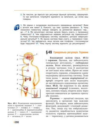 Тема 10
200
2. За текстом, де йдеться про регуляцію функцій організму, сформулюй-
те три запитання. Спробуйте відповісти на запитання, що склав ваш
товариш.
1. Які рідини є складовими внутрішнього середовища організму? Яким
є зв’язок між ними? 2. Поясніть, що таке «рухома рівновага». 3. Чому
показники гомеостазу завжди наводять за допомогою формули «від…
до…»? 4. Які регуляторні системи органів беруть участь у підтриманні
гомеостазу? 5. Чим відрізняються нервова регуляція від гормональної?
6. Чому гіпоталамо-гіпофізарну систему називають центром нейрогумо-
ральної регуляції? 7. Як імунна система бере участь у підтриманні гоме-
остазу? 8*. Що відбудеться, якщо зв’язок між гіпофізом і гіпоталамусом
буде порушено? 9*. Чому імунну систему відносять до регуляторних?
§49 Гуморальна регуляція. Гормони
Ендокринні залози (мал. 49.1)
і гормони. Органи, що забезпечують
гуморальну регуляцію,— ендокринні
залози. Вони невеликі, розміщуються
в різних частинах тіла й анатомічно
не пов’язані між собою. Проте всі вони
секретують гормони, утворюючи єдину
ендокринну фізіологічну систему. Їхня
інша назва — залози внутрішньої се-
креції: секрети цих залоз надходять
до внутрішнього середовища організму
(мал. 49.2). Це відрізняє їх від залоз
зовнішньої секреції (слинних, молоч-
них, потових тощо), секрети яких через
протоки виводяться до травного тракту
або назовні.
Гормони — органічні сполуки, що
виконують в організмі три важливі
функції. По-перше, вони забезпечують
фізичний, розумовий і статевий розви-
ток. Так, якщо під час ембріонально-
го розвитку виробляється недостатня
кількість гормона щитоподібної зало-
зи — тироксину, у дитини розвивається
Мал. 49.1. Розміщення ендокринних
залоз в організмі людини: 1 — гіпо-
таламус; 2 — гіпофіз; 3 — епіфіз;
4 — щитоподібна й паращитоподібні
залози; 5 — тимус; 6 — надниркові
залози; 7 — підшлункова залоза;
8 — яєчники; 9 — яєчка
9
8
6
7
5
4
2
1
3
 