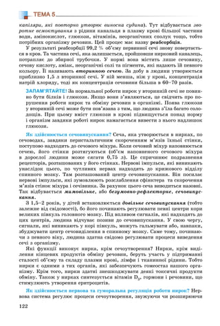 122
ТЕМА 5
êàïіëÿðè, ÿêі ïîâòîðíî óòâîðþє âèíîñíà ñóäèíà). Òóò âіäáóâàєòüñÿ çâî-
ðîòíå âñìîêòóâàííÿ ç ðіäèíè êàíàëüöÿ â ïëàçìó êðîâі áіëüøîї ÷àñòèíè
âîäè, àìіíîêèñëîò, ãëþêîçè, âіòàìіíіâ, íåîðãàíі÷íèõ ñïîëóê òîùî, òîáòî
ïîòðіáíèõ îðãàíіçìó ðå÷îâèí. Öåé ïðîöåñ ìàє íàçâó ðåàáñîðáöіÿ.
Ó ðåçóëüòàòі ðåàáñîðáöії 99,2 % îá’єìó ïåðâèííîї ñå÷і çíîâó ïîâåðòàєòü-
ñÿ â êðîâ. Òà ÷àñòèíà ñå÷і, ÿêà çàëèøàєòüñÿ, ïðîéøîâøè íèðêîâèé êàíàëåöü,
ïîòðàïëÿє äî çáèðíîї òðóáî÷êè. Ó íîðìі âîíà ìіñòèòü ëèøå ñå÷îâèíó,
ñå÷îâó êèñëîòó, àìіàê, íåîðãàíі÷íі ñîëі òà ïіãìåíòè, ÿêі íàäàþòü їé ïåâíîãî
êîëüîðó. Її íàçèâàþòü âòîðèííîþ ñå÷åþ. Çà äîáó â ëþäèíè óòâîðþєòüñÿ
ïðèáëèçíî 1,5 ë âòîðèííîї ñå÷і. Ó íіé ìåíøà, íіæ ó êðîâі, êîíöåíòðàöіÿ
íàòðіé õëîðèäó, òîäі ÿê êîíöåíòðàöіÿ ñå÷îâèíè áіëüøà â 60–70 ðàçіâ.
ЗАПАМ’ЯТАЙТЕ! Çà íîðìàëüíîї ðîáîòè íèðîê ó âòîðèííіé ñå÷і íå ïîâèí-
íî áóòè áіëêіâ і ãëþêîçè. ßêùî âîíè ç’ÿâëÿþòüñÿ, öå ñâіä÷èòü ïðî ïî-
ðóøåííÿ ðîáîòè íèðîê òà îáìіíó ðå÷îâèí â îðãàíіçìі. Ïîÿâà ãëþêîçè
ó âòîðèííіé ñå÷і ìîæå áóòè ïîâ’ÿçàíà ç òèì, ùî ëþäèíà ç’їëà áàãàòî ñîëî-
äîùіâ. Ïðè öüîìó âìіñò ãëþêîçè â êðîâі ïіäâèùóєòüñÿ ïîíàä íîðìó
і îðãàíіçì çàâäÿêè ðîáîòі íèðîê íàìàãàєòüñÿ âèâåñòè ç íüîãî íàäëèøîê
ãëþêîçè.
ßê çäіéñíþєòüñÿ ñå÷îâèïóñêàííÿ? Ñå÷à, ÿêà óòâîðþєòüñÿ â íèðêàõ, ïî
ñå÷îâîäàõ, çàâäÿêè ïåðèñòàëüòè÷íèì ñêîðî÷åííÿì ì’ÿçіâ їõíüîї ñòіíêè,
ïîñòóïîâî íàäõîäèòü äî ñå÷îâîãî ìіõóðà. Êîëè ñå÷îâèé ìіõóð íàïîâíþєòüñÿ
ñå÷åþ, éîãî ñòіíêè ðîçòÿãóþòüñÿ (îá’єì íàïîâíåíîãî ñå÷îâîãî ìіõóðà
â äîðîñëîї ëþäèíè ìîæå ñÿãàòè 0,75 ë). Öå ñïðè÷èíþє ïîäðàçíåííÿ
ðåöåïòîðіâ, ðîçòàøîâàíèõ ó éîãî ñòіíêàõ. Íåðâîâі іìïóëüñè, ÿêі âèíèêàþòü
óíàñëіäîê öüîãî, ïî ÷óòëèâèõ íåðâàõ íàäõîäÿòü äî êðèæîâîãî âіääіëó
ñïèííîãî ìîçêó. Òàì ðîçòàøîâàíèé öåíòð ñå÷îâèïóñêàííÿ. Âіí ïîñèëàє
íåðâîâі іìïóëüñè, ÿêі çóìîâëþþòü ðîçñëàáëåííÿ ñôіíêòåðà òà ñêîðî÷åííÿ
ì’ÿçіâ ñòіíîê ìіõóðà і ñå÷іâíèêà. Çà ðàõóíîê öüîãî ñå÷à âèâîäèòüñÿ íàçîâíі.
Òàê âіäáóâàєòüñÿ ìèìîâіëüíå, àáî áåçóìîâíî-ðåôëåêòîðíå, ñå÷îâèïóñ-
êàííÿ.
Ç 1,5–2 ðîêіâ, ó äіòåé âñòàíîâëþєòüñÿ äîâіëüíå ñå÷îâèïóñêàííÿ (òîáòî
çàëåæíå âіä ñâіäîìîñòі), áî éîãî ïî÷èíàþòü ðåãóëþâàòè ïåâíі öåíòðè êîðè
âåëèêèõ ïіâêóëü ãîëîâíîãî ìîçêó. Ïіä âïëèâîì ñèãíàëіâ, ÿêі íàäõîäÿòü äî
öèõ öåíòðіâ, ëþäèíà âіä÷óâàє ïîçèâè äî ñå÷îâèïóñêàííÿ. Ó ñâîþ ÷åðãó,
ñèãíàëè, ÿêі âèíèêàþòü ó êîðі ïіâêóëü, ìîæóòü ãàëüìóâàòè àáî, íàâïàêè,
çáóäæóâàòè öåíòð ñå÷îâèäіëåííÿ â ñïèííîìó ìîçêó. Ñàìå òîìó, ïî÷èíàþ-
÷è ç ïåâíîãî âіêó, ëþäèíà çäàòíà ñâіäîìî ðåãóëþâàòè ïðîöåñè âèâåäåííÿ
ñå÷і ç îðãàíіçìó.
ßêі ôóíêöії âèêîíóє íèðêà, êðіì ñå÷îóòâîðåííÿ? Íèðêè, êðіì âèäі-
ëåííÿ êіíöåâèõ ïðîäóêòіâ îáìіíó ðå÷îâèí, áåðóòü ó÷àñòü ó ïіäòðèìàííі
ñòàëîñòі îá’єìó òà ñêëàäó ïëàçìè êðîâі, ëіìôè і òêàíèííîї ðіäèíè. Òîáòî
íèðêè є îäíèìè ç òèõ îðãàíіâ, ÿêі çàáåçïå÷óþòü ãîìåîñòàç íàøîãî îðãà-
íіçìó. Êðіì òîãî, íèðêè çäàòíі çíåøêîäæóâàòè äåÿêі òîêñè÷íі ïðîäóêòè
îáìіíó. Òàêîæ ó íèðêàõ ñèíòåçóєòüñÿ âіòàìіí D3, ãîðìîíè і ðå÷îâèíè, ùî
ñòèìóëþþòü óòâîðåííÿ åðèòðîöèòіâ.
ßê çäіéñíþєòüñÿ íåðâîâà òà ãóìîðàëüíà ðåãóëÿöіÿ ðîáîòè íèðîê? Íåð-
âîâà ñèñòåìà ðåãóëþє ïðîöåñè ñå÷îóòâîðåííÿ, çâóæóþ÷è ÷è ðîçøèðþþ÷è
 