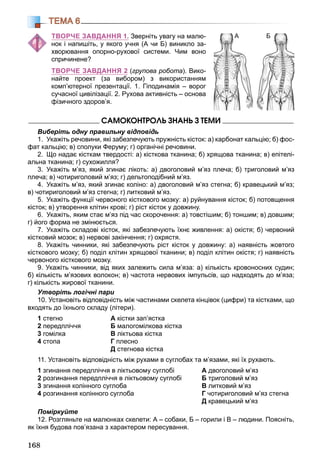 168
ТЕМА 6
ТВОРЧЕ ЗАВДАННЯ 1. Зверніть увагу на малю-
нок і напишіть, у якого учня (А чи Б) виникло за-
хворювання опорно-рухової системи. Чим воно
спричинене?
ТВОРЧЕ ЗАВДАННЯ 2 (групова робота). Вико-
найте проект (за вибором) з використанням
комп’ютерної презентації. 1. Гіподинамія – ворог
сучасної цивілізації. 2. Рухова активність – основа
фізичного здоров’я.
ÑÀÌÎÊÎÍÒÐÎËÜ ÇÍÀÍÜ Ç ÒÅÌÈ
Виберіть одну правильну відповідь
1. Укажіть речовини, які забезпечують пружність кісток: а) карбонат кальцію; б) фос-
фат кальцію; в) сполуки Феруму; г) органічні речовини.
2. Що надає кісткам твердості: а) кісткова тканина; б) хрящова тканина; в) епітелі-
альна тканина; г) сухожилля?
3. Укажіть м’яз, який згинає лікоть: а) двоголовий м’яз плеча; б) триголовий м’яз
плеча; в) чотириголовий м’яз; г) дельтоподібний м’яз.
4. Укажіть м’яз, який згинає коліно: а) двоголовий м’яз стегна; б) кравецький м’яз;
в) чотириголовий м’яз стегна; г) литковий м’яз.
5. Укажіть функції червоного кісткового мозку: а) руйнування кісток; б) потовщення
кісток; в) утворення клітин крові; г) ріст кісток у довжину.
6. Укажіть, яким стає м’яз під час скорочення: а) товстішим; б) тоншим; в) довшим;
г) його форма не змінюється.
7. Укажіть складові кісток, які забезпечують їхнє живлення: а) окістя; б) червоний
кістковий мозок; в) нервові закінчення; г) охрястя.
8. Укажіть чинники, які забезпечують ріст кісток у довжину: а) наявність жовтого
кісткового мозку; б) поділ клітин хрящової тканини; в) поділ клітин окістя; г) наявність
червоного кісткового мозку.
9. Укажіть чинники, від яких залежить сила м’яза: а) кількість кровоносних судин;
б) кількість м’язових волокон; в) частота нервових імпульсів, що надходять до м’яза;
г) кількість жирової тканини.
Утворіть логічні пари
10. Установіть відповідність між частинами скелета кінцівок (цифри) та кістками, що
входять до їхнього складу (літери).
1 стегно
2 передпліччя
3 гомілка
4 стопа
А кістки зап’ястка
Б малогомілкова кістка
В ліктьова кістка
Г плесно
Д стегнова кістка
11. Установіть відповідність між рухами в суглобах та м’язами, які їх рухають.
1 згинання передпліччя в ліктьовому суглобі
2 розгинання передпліччя в ліктьовому суглобі
3 згинання колінного суглоба
4 розгинання колінного суглоба
А двоголовий м’яз
Б триголовий м’яз
В литковий м’яз
Г чотириголовий м’яз стегна
Д кравецький м’яз
Поміркуйте
12. Розгляньте на малюнках скелети: А – собаки, Б – горили і В – людини. Поясніть,
як їхня будова пов’язана з характером пересування.
А Б
 