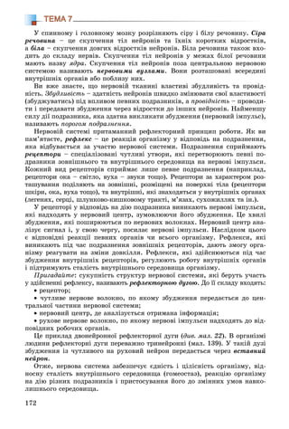 172
ТЕМА 7
Ó ñïèííîìó і ãîëîâíîìó ìîçêó ðîçðіçíÿþòü ñіðó і áіëó ðå÷îâèíó. Ñіðà
ðå÷îâèíà – öå ñêóï÷åííÿ òіë íåéðîíіâ òà їõíіõ êîðîòêèõ âіäðîñòêіâ,
à áіëà – ñêóï÷åííÿ äîâãèõ âіäðîñòêіâ íåéðîíіâ. Áіëà ðå÷îâèíà òàêîæ âõî-
äèòü äî ñêëàäó íåðâіâ. Ñêóï÷åííÿ òіë íåéðîíіâ ó ìåæàõ áіëîї ðå÷îâèíè
ìàþòü íàçâó ÿäðà. Ñêóï÷åííÿ òіë íåéðîíіâ ïîçà öåíòðàëüíîþ íåðâîâîþ
ñèñòåìîþ íàçèâàþòü íåðâîâèìè âóçëàìè. Âîíè ðîçòàøîâàíі âñåðåäèíі
âíóòðіøíіõ îðãàíіâ àáî ïîáëèçó íèõ.
Âè âæå çíàєòå, ùî íåðâîâіé òêàíèíі âëàñòèâі çáóäëèâіñòü òà ïðîâіä-
íіñòü. Çáóäëèâіñòü – çäàòíіñòü íåéðîíіâ øâèäêî çìіíþâàòè ñâîї âëàñòèâîñòі
(çáóäæóâàòèñü) ïіä âïëèâîì ïåâíèõ ïîäðàçíèêіâ, à ïðîâіäíіñòü – ïðîâîäè-
òè і ïåðåäàâàòè çáóäæåííÿ ÷åðåç âіäðîñòêè äî іíøèõ íåéðîíіâ. Íàéìåíøó
ñèëó äії ïîäðàçíèêà, ÿêà çäàòíà âèêëèêàòè çáóäæåííÿ (íåðâîâèé іìïóëüñ),
íàçèâàþòü ïîðîãîì ïîäðàçíåííÿ.
Íåðâîâіé ñèñòåìі ïðèòàìàííèé ðåôëåêòîðíèé ïðèíöèï ðîáîòè. ßê âè
ïàì’ÿòàєòå, ðåôëåêñ – öå ðåàêöіÿ îðãàíіçìó ó âіäïîâіäü íà ïîäðàçíåííÿ,
ÿêà âіäáóâàєòüñÿ çà ó÷àñòþ íåðâîâîї ñèñòåìè. Ïîäðàçíåííÿ ñïðèéìàþòü
ðåöåïòîðè – ñïåöіàëіçîâàíі ÷óòëèâі óòâîðè, ÿêі ïåðåòâîðþþòü ïåâíі ïî-
äðàçíèêè çîâíіøíüîãî òà âíóòðіøíüîãî ñåðåäîâèùà íà íåðâîâі іìïóëüñè.
Êîæíèé âèä ðåöåïòîðіâ ñïðèéìàє ëèøå ïåâíå ïîäðàçíåííÿ (íàïðèêëàä,
ðåöåïòîðè îêà – ñâіòëî, âóõà – çâóêè òîùî). Ðåöåïòîðè çà õàðàêòåðîì ðîç-
òàøóâàííÿ ïîäіëÿþòü íà çîâíіøíі, ðîçìіùåíі íà ïîâåðõíі òіëà (ðåöåïòîðè
øêіðè, îêà, âóõà òîùî), òà âíóòðіøíі, ÿêі çíàõîäÿòüñÿ ó âíóòðіøíіõ îðãàíàõ
(ëåãåíÿõ, ñåðöі, øëóíêîâî-êèøêîâîìó òðàêòі, ì’ÿçàõ, ñóõîæèëëÿõ òà іí.).
Ó ðåöåïòîðі ó âіäïîâіäü íà äіþ ïîäðàçíèêà âèíèêàþòü íåðâîâі іìïóëüñè,
ÿêі íàäõîäÿòü ó íåðâîâèé öåíòð, çóìîâëþþ÷è éîãî çáóäæåííÿ. Öå õâèëі
çáóäæåííÿ, ÿêі ïîøèðþþòüñÿ ïî íåðâîâèõ âîëîêíàõ. Íåðâîâèé öåíòð àíà-
ëіçóє ñèãíàë і, ó ñâîþ ÷åðãó, ïîñèëàє íåðâîâі іìïóëüñè. Íàñëіäêîì öüîãî
є âіäïîâіäíі ðåàêöії ïåâíèõ îðãàíіâ ÷è âñüîãî îðãàíіçìó. Ðåôëåêñè, ÿêі
âèíèêàþòü ïіä ÷àñ ïîäðàçíåííÿ çîâíіøíіõ ðåöåïòîðіâ, äàþòü çìîãó îðãà-
íіçìó ðåàãóâàòè íà çìіíè äîâêіëëÿ. Ðåôëåêñè, ÿêі çäіéñíþþòüñÿ ïіä ÷àñ
çáóäæåííÿ âíóòðіøíіõ ðåöåïòîðіâ, ðåãóëþþòü ðîáîòó âíóòðіøíіõ îðãàíіâ
і ïіäòðèìóþòü ñòàëіñòü âíóòðіøíüîãî ñåðåäîâèùà îðãàíіçìó.
Ïðèãàäàéòå: ñóêóïíіñòü ñòðóêòóð íåðâîâîї ñèñòåìè, ÿêі áåðóòü ó÷àñòü
ó çäіéñíåííі ðåôëåêñó, íàçèâàþòü ðåôëåêòîðíîþ äóãîþ. Äî її ñêëàäó âõîäÿòü:
• ðåöåïòîð;
• ÷óòëèâå íåðâîâå âîëîêíî, ïî ÿêîìó çáóäæåííÿ ïåðåäàєòüñÿ äî öåí-
òðàëüíîї ÷àñòèíè íåðâîâîї ñèñòåìè;
• íåðâîâèé öåíòð, äå àíàëіçóєòüñÿ îòðèìàíà іíôîðìàöіÿ;
• ðóõîâå íåðâîâå âîëîêíî, ïî ÿêîìó íåðâîâі іìïóëüñè íàäõîäÿòü äî âіä-
ïîâіäíèõ ðîáî÷èõ îðãàíіâ.
Öå ïðèêëàä äâîíåéðîííîї ðåôëåêòîðíîї äóãè (äèâ. ìàë. 22). Â îðãàíіçìі
ëþäèíè ðåôëåêòîðíі äóãè ïåðåâàæíî òðèíåéðîííі (ìàë. 139). Ó òàêіé äóçі
çáóäæåííÿ іç ÷óòëèâîãî íà ðóõîâèé íåéðîí ïåðåäàєòüñÿ ÷åðåç âñòàâíèé
íåéðîí.
Îòæå, íåðâîâà ñèñòåìà çàáåçïå÷óє єäíіñòü і öіëіñíіñòü îðãàíіçìó, âіä-
íîñíó ñòàëіñòü âíóòðіøíüîãî ñåðåäîâèùà (ãîìåîñòàç), ðåàêöіþ îðãàíіçìó
íà äіþ ðіçíèõ ïîäðàçíèêіâ і ïðèñòîñóâàííÿ éîãî äî çìіííèõ óìîâ íàâêî-
ëèøíüîãî ñåðåäîâèùà.
 