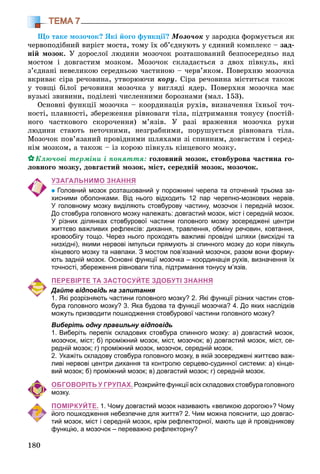 180
ТЕМА 7
Ùî òàêå ìîçî÷îê? ßêі éîãî ôóíêöії? Ìîçî÷îê ó çàðîäêà ôîðìóєòüñÿ ÿê
÷åðâîïîäіáíèé âèðіñò ìîñòà, òîìó їõ îá’єäíóþòü ó єäèíèé êîìïëåêñ – çàä-
íіé ìîçîê. Ó äîðîñëîї ëþäèíè ìîçî÷îê ðîçòàøîâàíèé áåçïîñåðåäíüî íàä
ìîñòîì і äîâãàñòèì ìîçêîì. Ìîçî÷îê ñêëàäàєòüñÿ ç äâîõ ïіâêóëü, ÿêі
ç’єäíàíі íåâåëèêîþ ñåðåäíüîþ ÷àñòèíîþ – ÷åðâ’ÿêîì. Ïîâåðõíþ ìîçî÷êà
âêðèâàє ñіðà ðå÷îâèíà, óòâîðþþ÷è êîðó. Ñіðà ðå÷îâèíà ìіñòèòüñÿ òàêîæ
ó òîâùі áіëîї ðå÷îâèíè ìîçî÷êà ó âèãëÿäі ÿäåð. Ïîâåðõíÿ ìîçî÷êà ìàє
âóçüêі çâèâèíè, ïîäіëåíі ÷èñëåííèìè áîðîçíàìè (ìàë. 153).
Îñíîâíі ôóíêöії ìîçî÷êà – êîîðäèíàöіÿ ðóõіâ, âèçíà÷åííÿ їõíüîї òî÷-
íîñòі, ïëàâíîñòі, çáåðåæåííÿ ðіâíîâàãè òіëà, ïіäòðèìàííÿ òîíóñó (ïîñòіé-
íîãî ÷àñòêîâîãî ñêîðî÷åííÿ) ì’ÿçіâ. Ó ðàçі âðàæåííÿ ìîçî÷êà ðóõè
ëþäèíè ñòàþòü íåòî÷íèìè, íåçãðàáíèìè, ïîðóøóєòüñÿ ðіâíîâàãà òіëà.
Ìîçî÷îê ïîâ’ÿçàíèé ïðîâіäíèìè øëÿõàìè çі ñïèííèì, äîâãàñòèì і ñåðåä-
íіì ìîçêîì, à òàêîæ – іç êîðîþ ïіâêóëü êіíöåâîãî ìîçêó.
Êëþ÷îâі òåðìіíè і ïîíÿòòÿ: ãîëîâíèé ìîçîê, ñòîâáóðîâà ÷àñòèíà ãî-
ëîâíîãî ìîçêó, äîâãàñòèé ìîçîê, ìіñò, ñåðåäíіé ìîçîê, ìîçî÷îê.
УЗАГАЛЬНИМО ЗНАННЯ
Головний мозок розташований у порожнині черепа та оточений трьома за-
хисними оболонками. Від нього відходить 12 пар черепно-мозкових нервів.
У головному мозку виділяють стовбурову частину, мозочок і передній мозок.
До стовбура головного мозку належать: довгастий мозок, міст і середній мозок.
У різних ділянках стовбурової частини головного мозку зосереджені центри
життєво важливих рефлексів: дихання, травлення, обміну речовин, ковтання,
кровообігу тощо. Через нього проходять важливі провідні шляхи (висхідні та
низхідні), якими нервові імпульси прямують зі спинного мозку до кори півкуль
кінцевого мозку та навпаки. З мостом пов’язаний мозочок, разом вони форму-
ють задній мозок. Основні функції мозочка – координація рухів, визначення їх
точності, збереження рівноваги тіла, підтримання тонусу м’язів.
ПЕРЕВІРТЕ ТА ЗАСТОСУЙТЕ ЗДОБУТІ ЗНАННЯ
Дайте відповідь на запитання
1. Які розрізняють частини головного мозку? 2. Які функції різних частин стов-
бура головного мозку? 3. Яка будова та функції мозочка? 4. До яких наслідків
можуть призводити пошкодження стовбурової частини головного мозку?
Виберіть одну правильну відповідь
1. Виберіть перелік складових стовбура спинного мозку: а) довгастий мозок,
мозочок, міст; б) проміжний мозок, міст, мозочок; в) довгастий мозок, міст, се-
редній мозок; г) проміжний мозок, мозочок, середній мозок.
2. Укажіть складову стовбура головного мозку, в якій зосереджені життєво важ-
ливі нервові центри дихання та контролю серцево-судинної системи: а) кінце-
вий мозок; б) проміжний мозок; в) довгастий мозок; г) середній мозок.
ОБГОВОРІТЬ У ГРУПАХ. Розкрийте функції всіх складових стовбура головного
мозку.
ПОМІРКУЙТЕ. 1. Чому довгастий мозок називають «великою дорогою»? Чому
його пошкодження небезпечне для життя? 2. Чим можна пояснити, що довгас-
тий мозок, міст і середній мозок, крім рефлекторної, мають ще й провідникову
функцію, а мозочок – переважно рефлекторну?
 