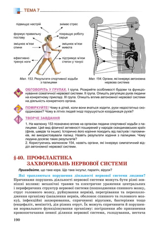190
ТЕМА 7
ОБГОВОРІТЬ У ГРУПАХ. І група. Розкрийте особливості будови та функціо-
нування соматичної нервової системи. ІІ група. Опишіть регуляцію рухів людини
на конкретному прикладі. ІІІ група. Опишіть вплив автономної нервової системи
на діяльність конкретного органа.
ПОМІРКУЙТЕ! Чому в дітей, коли вони вчаться ходити, рухи недостатньо ско-
ординовані? Чому в літніх людей іноді порушується координація рухів?
ТВОРЧЕ ЗАВДАННЯ
1. На малюнку 153 позначено вплив на організм людини спортивної ходьби з па-
лицями. Цей вид фізичної активності поширений у народів скандинавських країн
(фінів, шведів та інших). Історично його коріння походить від пастухів і паломни-
ків, які використовували палиці. Назвіть результати ходіння з палицями. Чому
людина досягає таких результатів?
2. Користуючись малюнком 154, назвіть органи, які іннервує симпатичний від-
діл автономної нервової системи.
§40. ÏÐÎÔІËÀÊÒÈÊÀ
ÇÀÕÂÎÐÞÂÀÍÜ ÍÅÐÂÎÂÎЇ ÑÈÑÒÅÌÈ
Пригадайте, що таке кора. Що таке інсульт, параліч, віруси?
ßêі òðàïëÿþòüñÿ ïîðóøåííÿ äіÿëüíîñòі íåðâîâîї ñèñòåìè ëþäèíè?
Ïðè÷èíàìè ïîðóøåíü äіÿëüíîñòі íåðâîâîї ñèñòåìè ìîæóòü áóòè ðіçíі çîâ-
íіøíі âïëèâè: ìåõàíі÷íі òðàâìè òà åëåêòðè÷íå óðàæåííÿ öåíòðàëüíèõ
і ïåðèôåðè÷íèõ ñòðóêòóð íåðâîâîї ñèñòåìè (ïîøêîäæåííÿ ñïèííîãî ìîçêó,
ñòðóñ ãîëîâíîãî ìîçêó, ðóéíóâàííÿ íåðâіâ), ïåðåãðіâàííÿ òà ïåðåîõîëî-
äæåííÿ îðãàíіçìó (çàïàëåííÿ íåðâіâ, îáîëîíîê ñïèííîãî òà ãîëîâíîãî ìîç-
êó), іíôåêöіéíі çàõâîðþâàííÿ, ñïðè÷èíåíі âіðóñàìè, áàêòåðіÿìè òîùî
(åíöåôàëіò, ìåíіíãіò), äіÿ ðіçíèõ îòðóò. Їõ ìîæóòü ñïðè÷èíèòè é ïîðóøåí-
íÿ íîðìàëüíîãî ôóíêöіîíóâàííÿ îðãàíіçìó: ïîãіðøåííÿ àáî ïðèïèíåííÿ
êðîâîïîñòà÷àííÿ ïåâíîї äіëÿíêè íåðâîâîї ñèñòåìè, ãîëîäóâàííÿ, íåñòà÷à
Мал. 153. Результати спортивної ходьби
з палицями
Мал. 154. Органи, які іннервує автономна
нервова система
підвищує настрій
формує правильнуравильну
поставу
зміцнює мм’язи
спини
ефективноо
тренує ногги
підтримує м’язи
стегон у тонусі
зміцнює м’язи
живота
покращує роботупо
ерцясе
знімає стрес
 