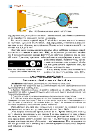 200
ТЕМА 8
çáóäæóþòüñÿ ïіä ÷àñ äії ñâіòëà ìàëîї іíòåíñèâíîñòі. Êîëáî÷êè ïðèñòîñîâà-
íі äî ñïðèéíÿòòÿ ÿñêðàâîãî ñâіòëà і êîëüîðіâ.
Âіä îêà âіäõîäèòü çîðîâèé íåðâ. Ó ìіñöі éîãî âèõîäó íåìàє íі ïàëè÷îê,
íі êîëáî÷îê. Öå ñëіïà ïëÿìà (ìàë. 160). Ïðåäìåòіâ, çîáðàæåííÿ ÿêèõ ïî-
òðàïëÿє íà öþ äіëÿíêó, ìè íå áà÷èìî. Ïëîùà ñëіïîї ïëÿìè (â íîðìі) ñòà-
íîâèòü âіä 2,5 äî 6 ìì2.
Çáîêó âіä ñëіïîї ïëÿìè, íàâïðîòè çіíèöі, є ìіñöå íàéáіëüø ÷óòëèâîãî ñïðèé-
íÿòòÿ ñâіòëà – æîâòà ïëÿìà (ìàë. 160), äå ïåðåâàæíî ðîçòàøîâàíі êîëáî÷-
êè. Ó íîðìі çîáðàæåííÿ çàâæäè ôîêóñóєòüñÿ îïòè÷íîþ ñèñòåìîþ îêà íà æîâ-
òіé ïëÿìі. Ïðè öüîìó ïðåäìåòè, ÿêі ñïðèéìàþòüñÿ ïåðèôåðè÷íèì çîðîì, ðîç-
ðіçíÿþòüñÿ ãіðøå. Çàâäÿêè òîìó, ùî ïà-
ëè÷êè ïåðåâàæàþòü íà ïåðèôåðії ñіòêіâ-
êè, ìè çäàòíі áà÷èòè «êóòî÷êîì îêà», ùî
âіäáóâàєòüñÿ íàâêîëî íàñ.
Ñëіïó ïëÿìó ìîæíà ëåãêî âèÿâèòè çà
äîïîìîãîþ ïðîñòîãî äîñëіäó (ìàë. 161).
ËÀÁÎÐÀÒÎÐÍÅ ÄÎÑËІÄÆÅÍÍß
Âèÿâëåííÿ ñëіïîї ïëÿìè íà ñіòêіâöі îêà
Îáëàäíàííÿ: êàðòêà äëÿ äåìîíñòðàöії ñëіïîї ïëÿìè íà ñіòêіâöі îêà.
1. Ïðèêðèéòå ëіâå îêî ðóêîþ àáî ùіëüíèì ïàïåðîì і ïîìіñòіòü êàðòêó ç ìàëþíêîì íà
âіäñòàíі ïðèáëèçíî 15 ñì âіä î÷åé.
2. Äèâіòüñÿ ïðàâèì îêîì òіëüêè íà õðåñòèê, çîáðàæåíèé íà êàðòöі, і ïîâіëüíî òî íà-
áëèæàéòå її äî ñåáå, òî âіääàëÿéòå äîòè, äîêè íå çíèêíå îäèí іç òðüîõ êðóæå÷êіâ. ×èì
ïîÿñíþєòüñÿ öå ÿâèùå?
3. Ïîâòîðіòü äîñëіä, ïðèêðèâøè ïðàâå îêî, ôіêñóþ÷è ïîãëÿä íà êðóæå÷êó.
4. Çðîáіòü âèñíîâîê, âіäïîâіâøè íà çàïèòàííÿ: Íà ÿêó ÷àñòèíó ñіòêіâêè ïîòðàïëÿє çî-
áðàæåííÿ õðåñòèêà і êðóæå÷êà? ×è є íà ñіòêіâöі ìіñöå, ùî çîâñіì ïîçáàâëåíå ðåöåïòî-
ðіâ? ßê âîíî íàçèâàєòüñÿ? ×è ÷óòëèâå âîíî äî ñâіòëà? ßê íàçèâàєòüñÿ ìіñöå, äå
ìіñòÿòüñÿ ïåðåâàæíî êîëáî÷êè і ÿêå öå ìàє çíà÷åííÿ?
Äîïîìіæíèé àïàðàò îêà ñêëàäàєòüñÿ ç âåðõíüîї òà íèæíüîї ïîâіê і
ïîñìóãîâàíèõ ì’ÿçіâ, ÿêі ðóõàþòü î÷íå ÿáëóêî (ìàë. 162).
Î÷íå ÿáëóêî çàõèùàþòü áðîâè, ïîâіêè òà âії. Áðîâè çàõèùàþòü îêî âіä
ïîòó. Ïîâіêè ïðèêðèâàþòü îêî çâåðõó é çíèçó, çàõèùàþ÷è î÷íå ÿáëóêî
âіä ïèëó òà іíøèõ ñòîðîííіõ òіë, ìåõàíі÷íèõ óøêîäæåíü òîùî. Íà âіëü-
íèõ êðàÿõ ïîâіê ðîñòóòü êîðîòêі âîëîñêè – âії. Âíóòðіøíÿ ïîâåðõíÿ ïîâіê
âêðèòà òîíêîþ ñëèçîâîþ îáîëîíêîþ – êîí’þíêòèâîþ. Ïðè äîòîðêàííі äî
âіé àáî ðàïòîâіé ïîÿâі ïîáëèçó îêà ïåâíîãî ïðåäìåòà ñïðàöüîâóє áåçóìîâ-
íèé ðåôëåêñ ìîðãàííÿ.
Мал. 161. Приклад картки для демон-
страції сліпої плями на сітківці ока
Мал. 160. Схема визначення жовтої і сліпої плями
ямажовта пля
масліпа плям
 